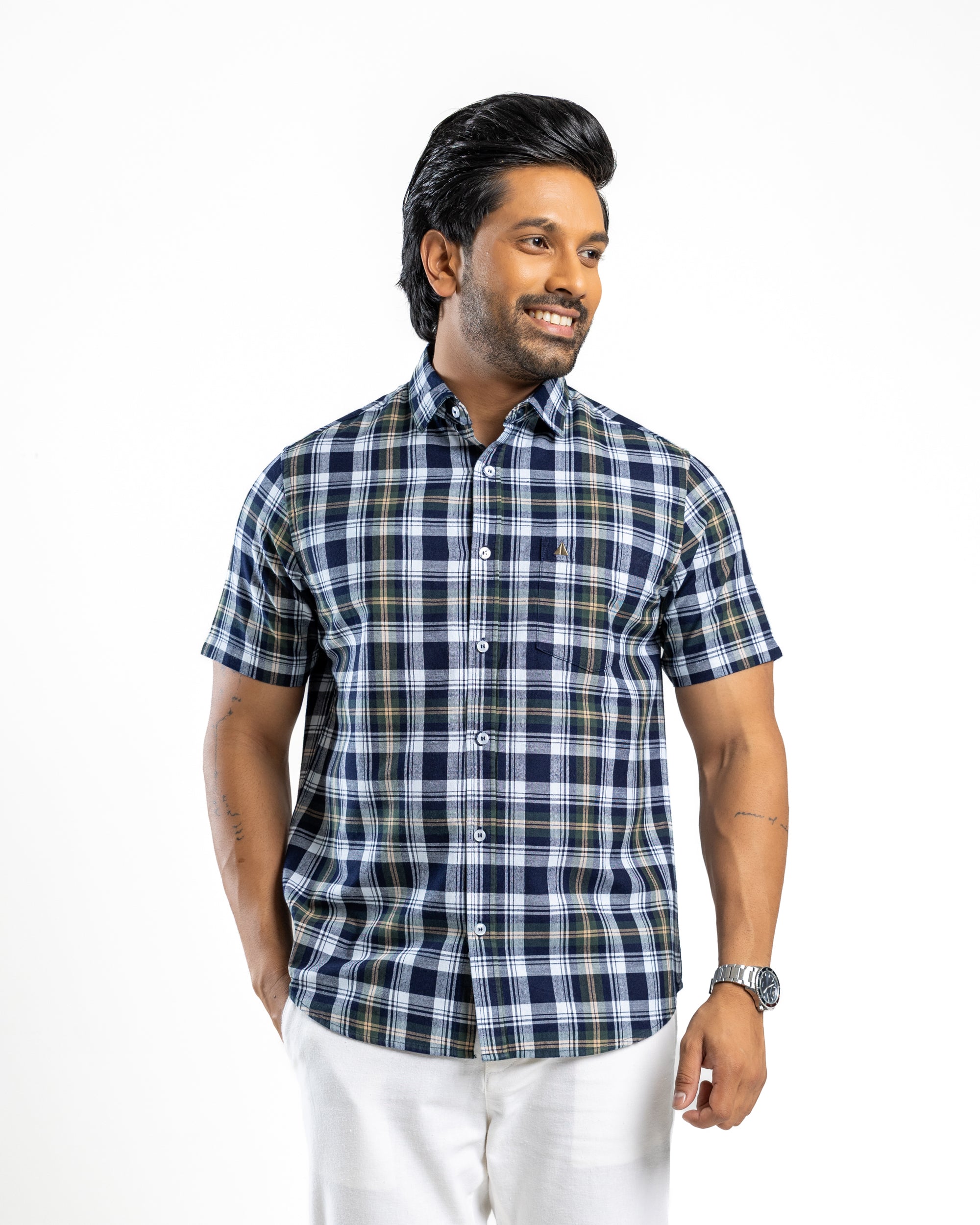 100% COTTON CHECK Short Sleeve Shirt - Olive