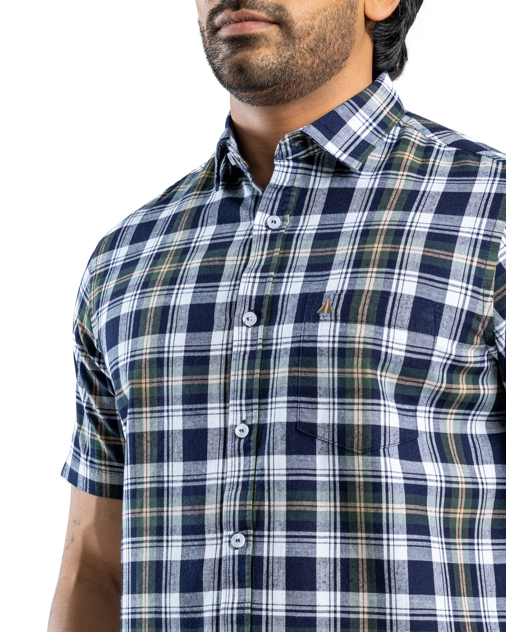 100% COTTON CHECK Short Sleeve Shirt - Olive