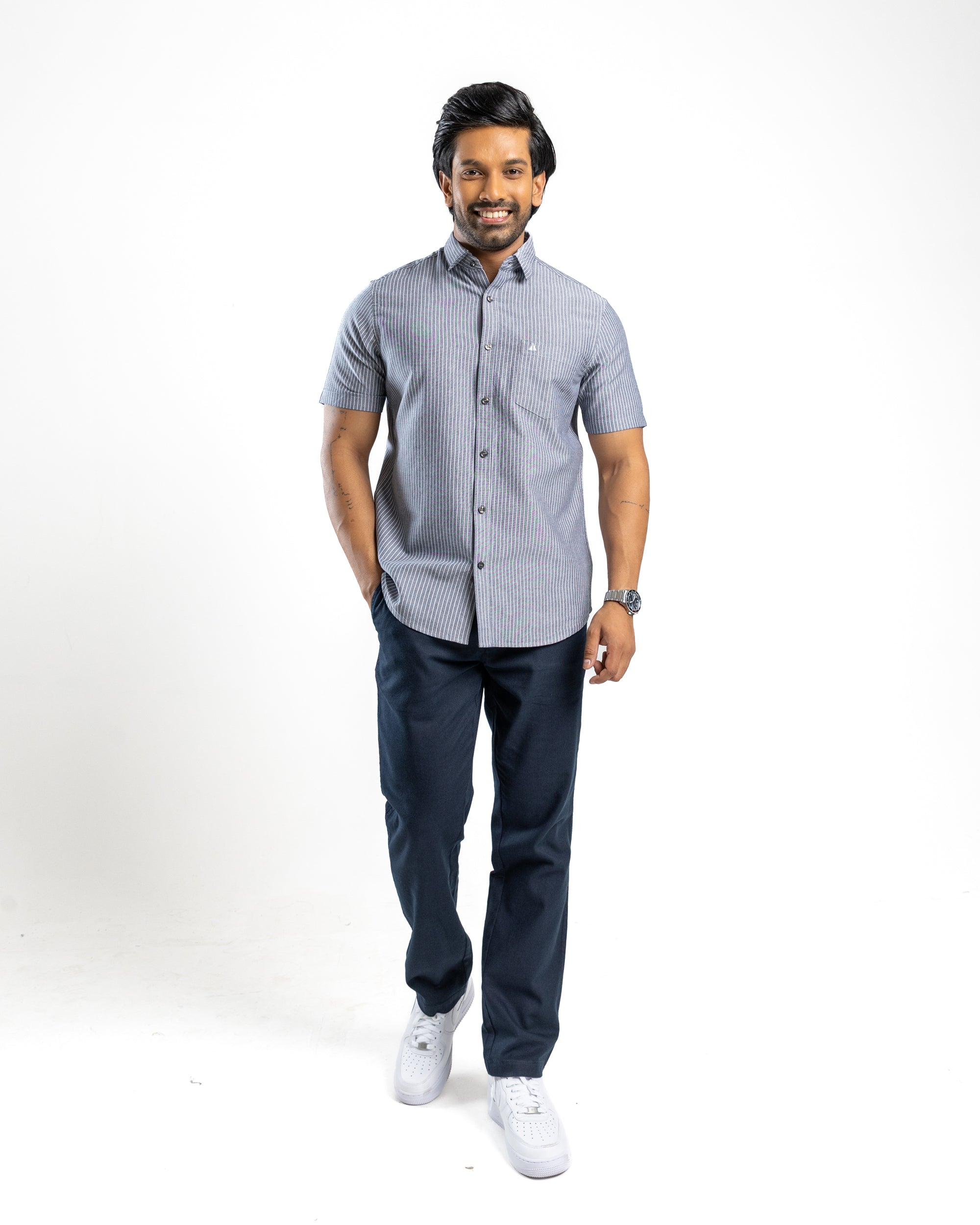 100% COTTON STRIPE Short Sleeve Shirt- Midnight Black