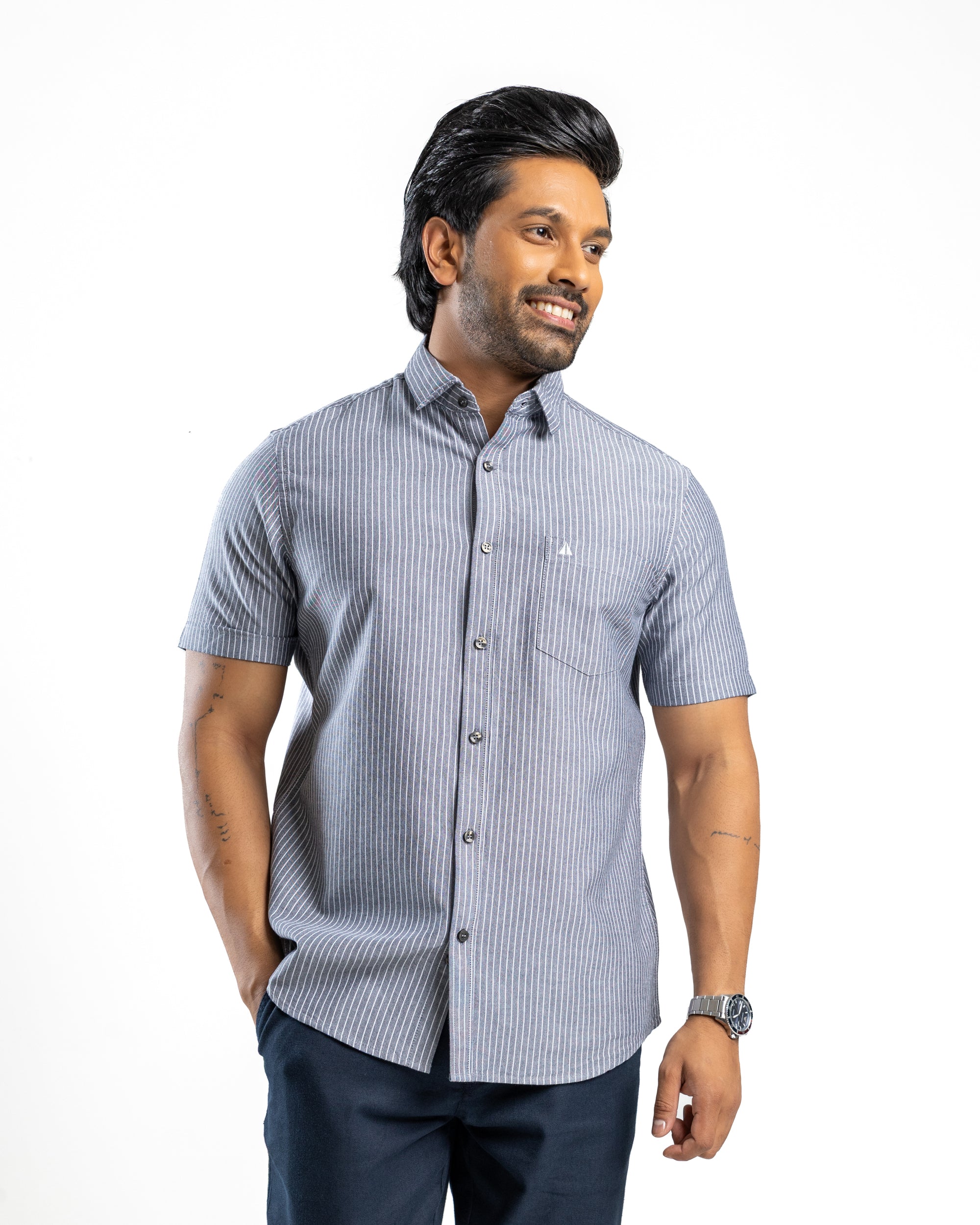 100% COTTON STRIPE Short Sleeve Shirt- Midnight Black
