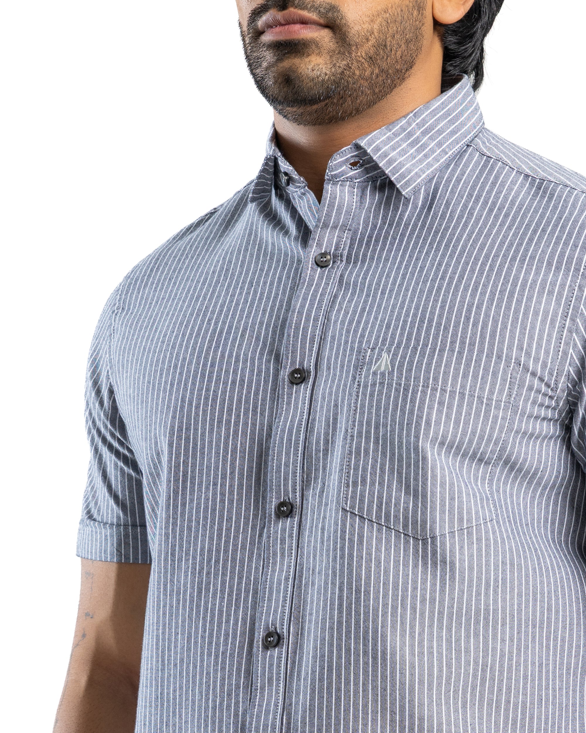 100% COTTON STRIPE Short Sleeve Shirt- Midnight Black