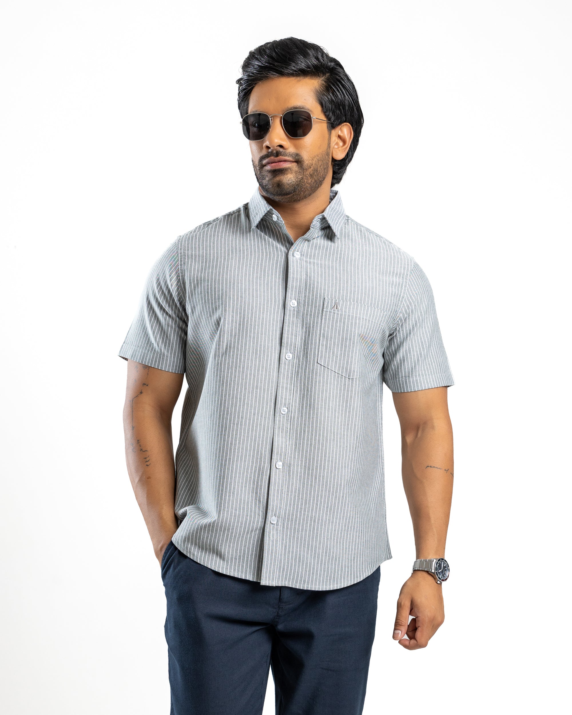 100% COTTON STRIPE Short Sleeve Shirt -Forest Pine