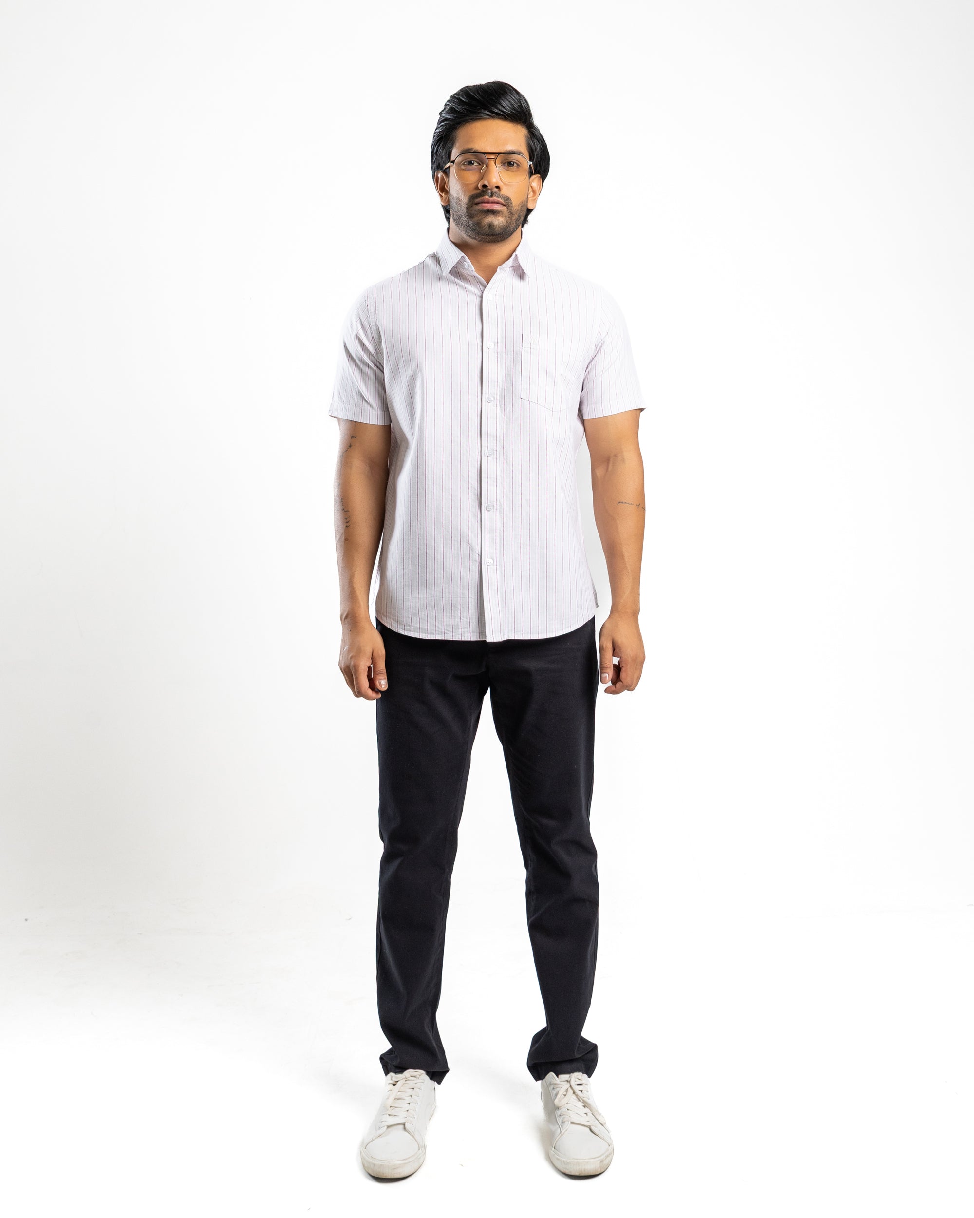 Cotton Blend Stripe Short Sleeve Shirt | Warm Tobacco