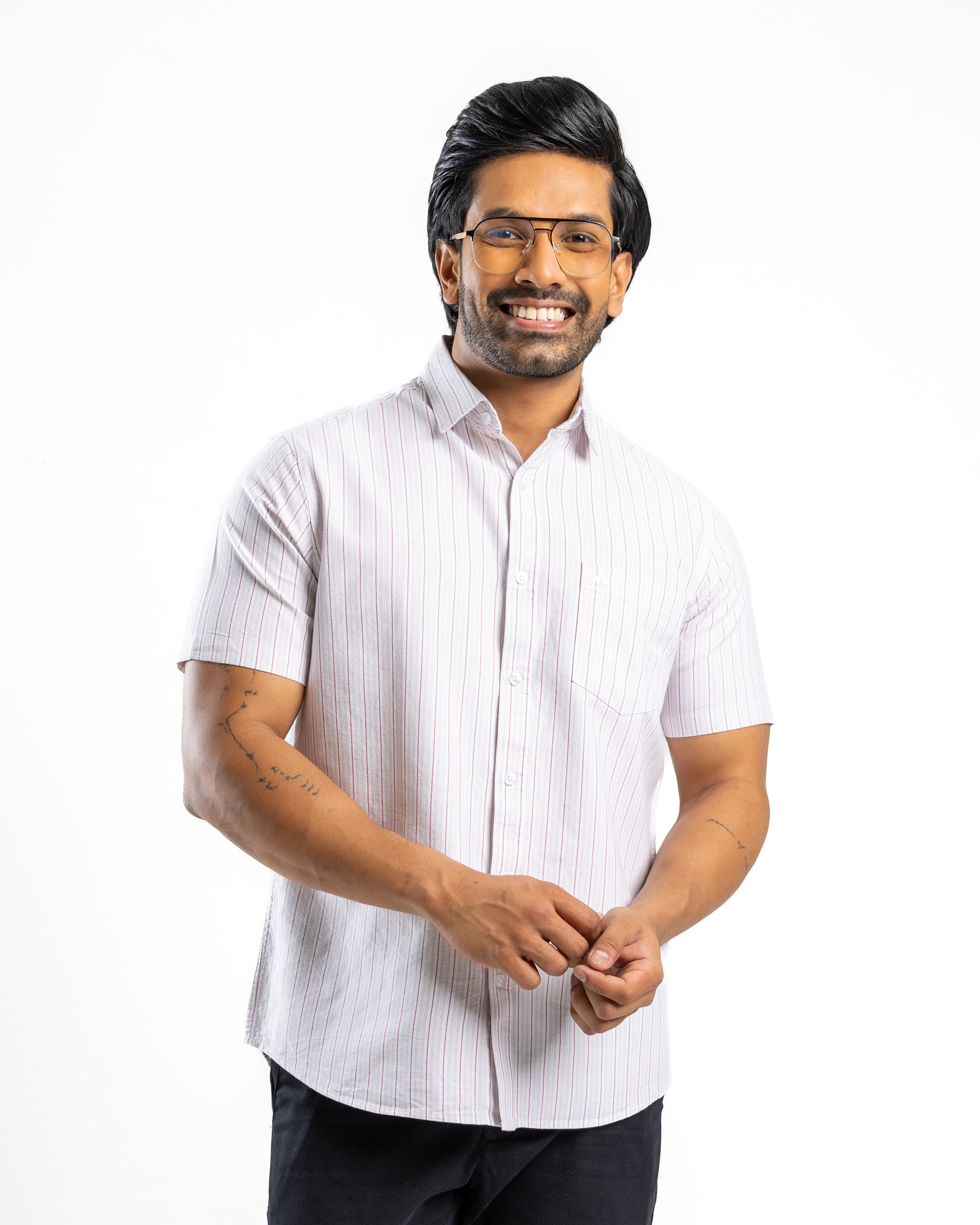 Cotton Blend Stripe Short Sleeve Shirt | Warm Tobacco