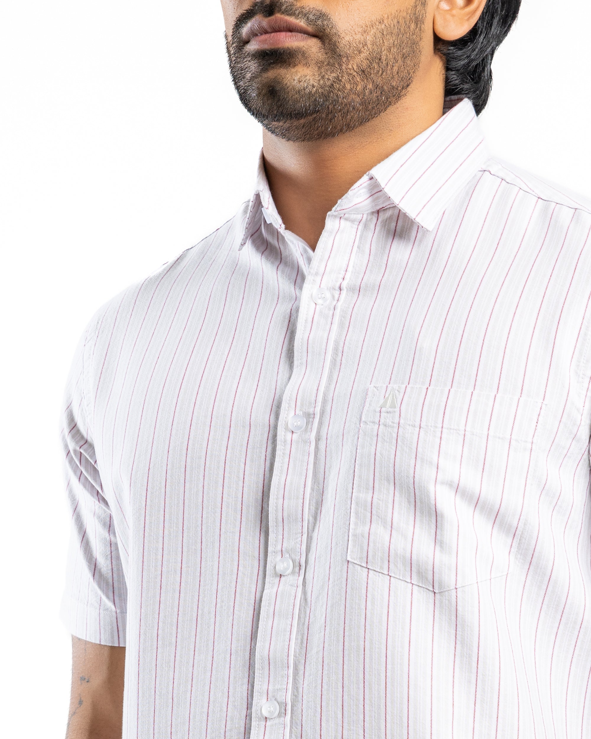 Cotton Blend Stripe Short Sleeve Shirt | Warm Tobacco