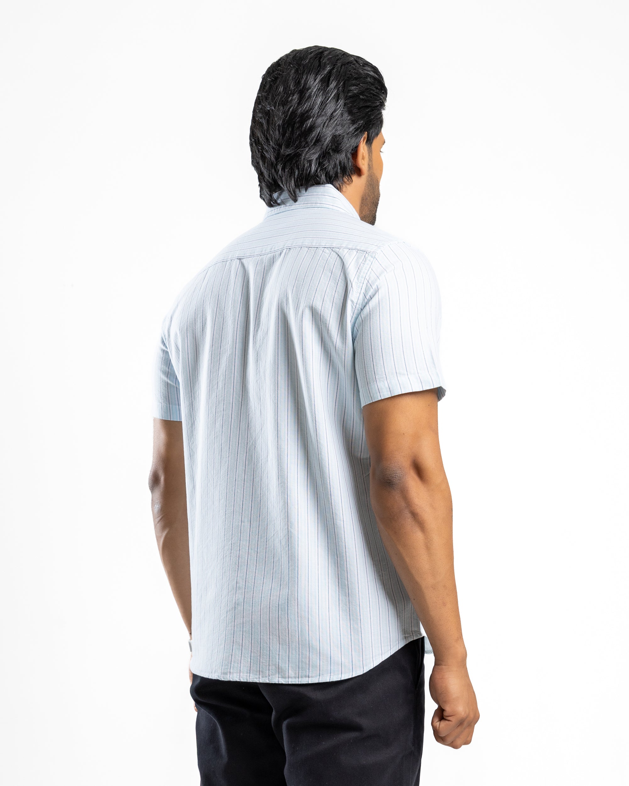 100% COTTON STRIPE Short Sleeve Shirt- Sky Blue