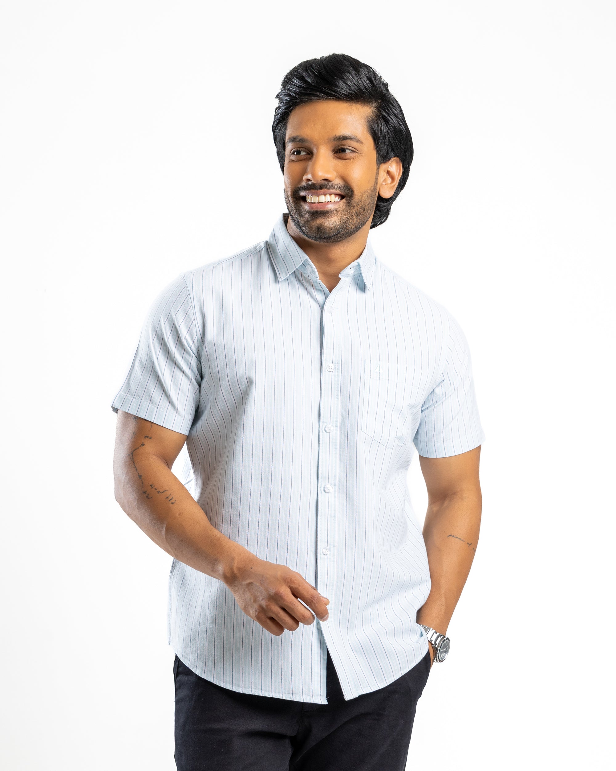 100% COTTON STRIPE Short Sleeve Shirt- Sky Blue