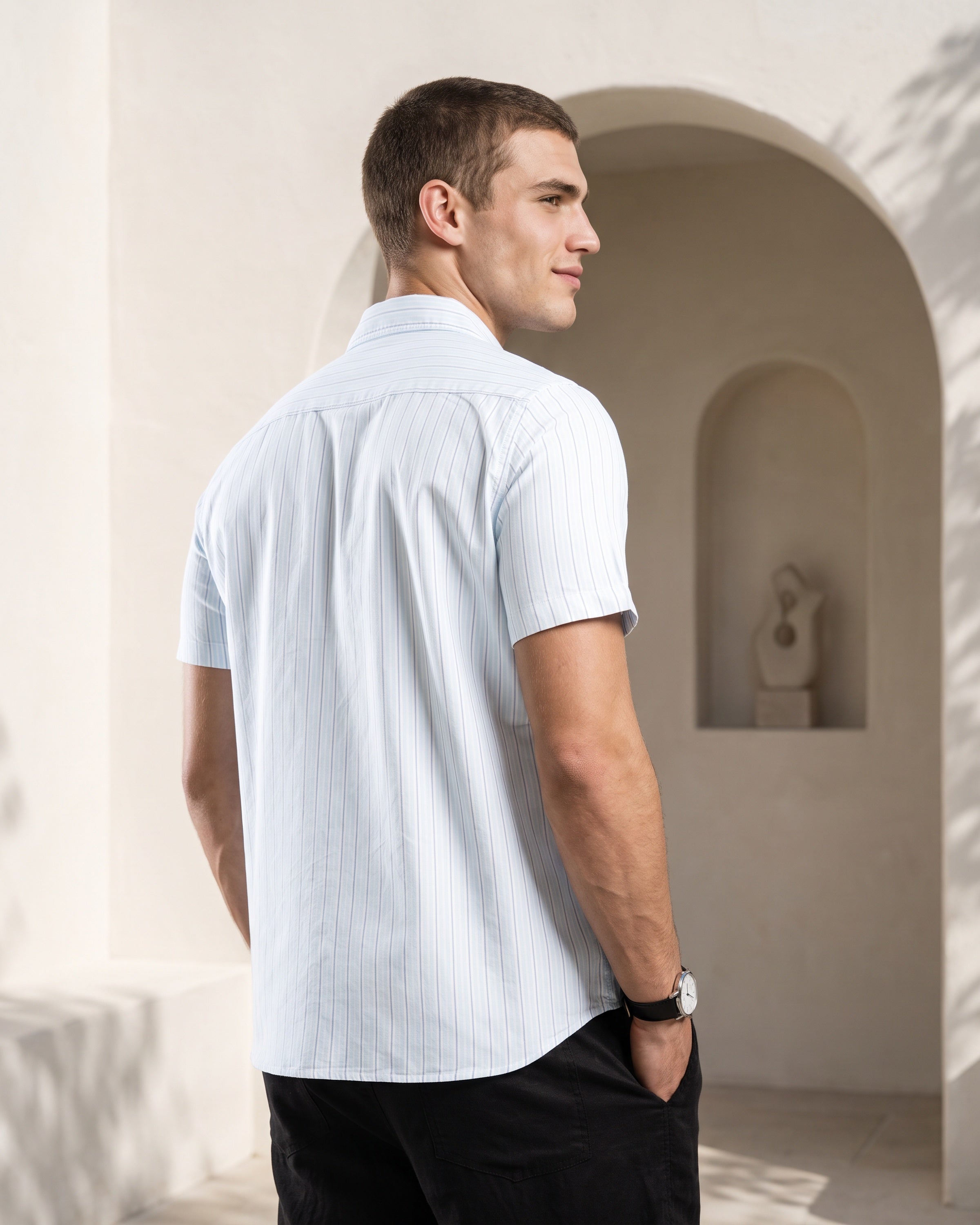 AnationZ Essential Cotton Stripe Short Sleeve Shirt - Open Sky Sri Lanka