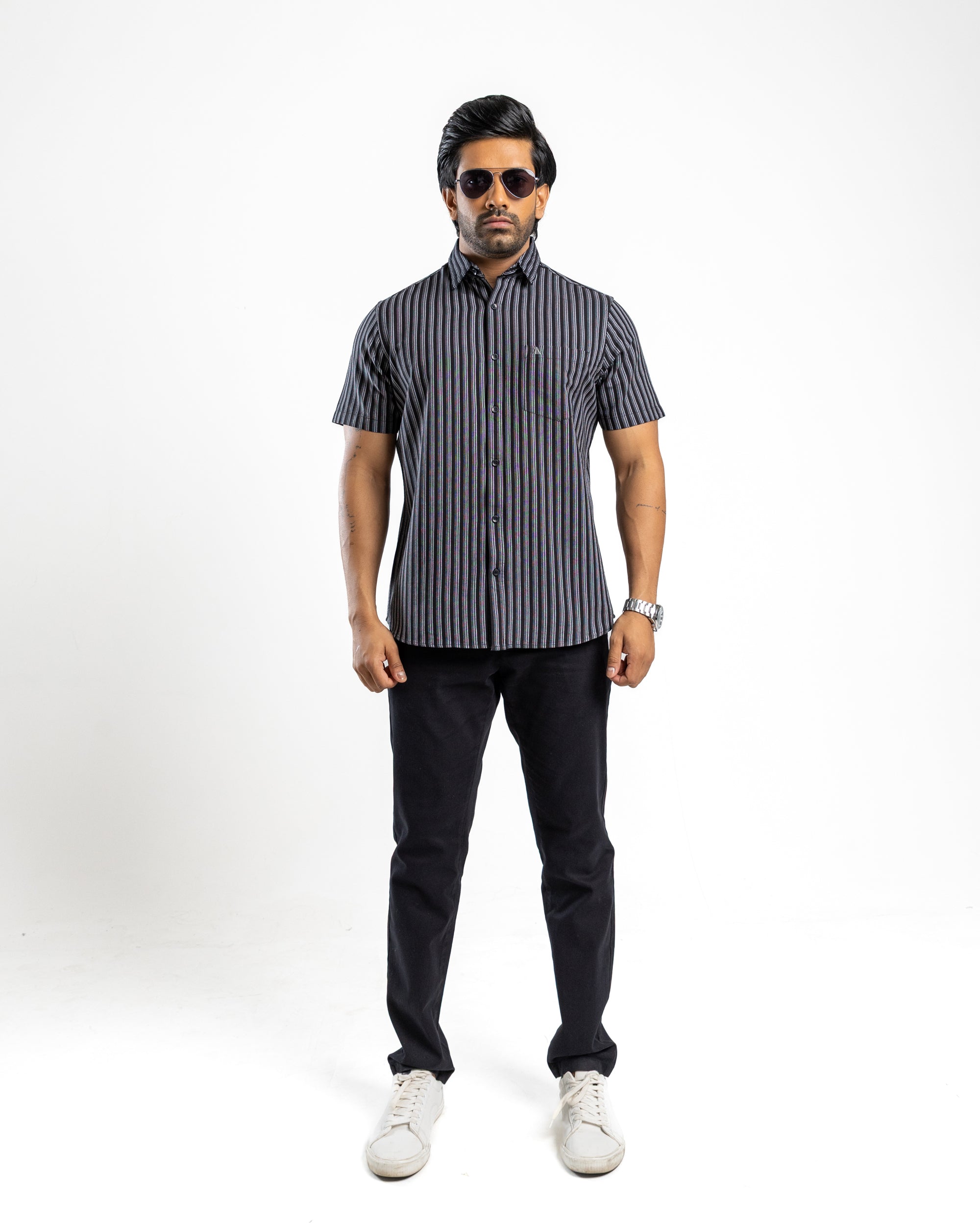 AnationZ Essential Cotton Stripe Short Sleeve Shirt - Midnight Onyx Sri Lanka