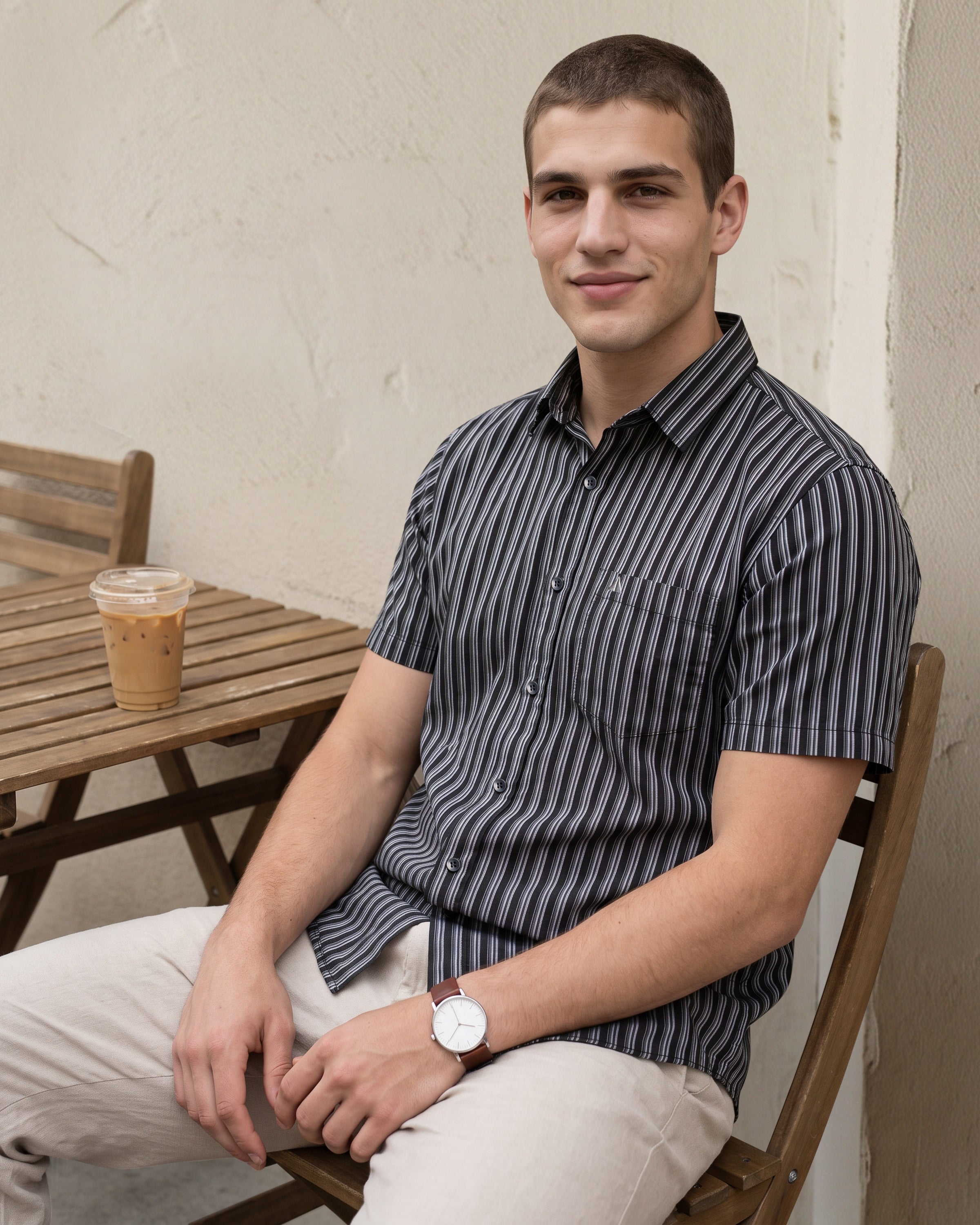 AnationZ Essential Cotton Stripe Short Sleeve Shirt - Midnight Onyx Sri Lanka