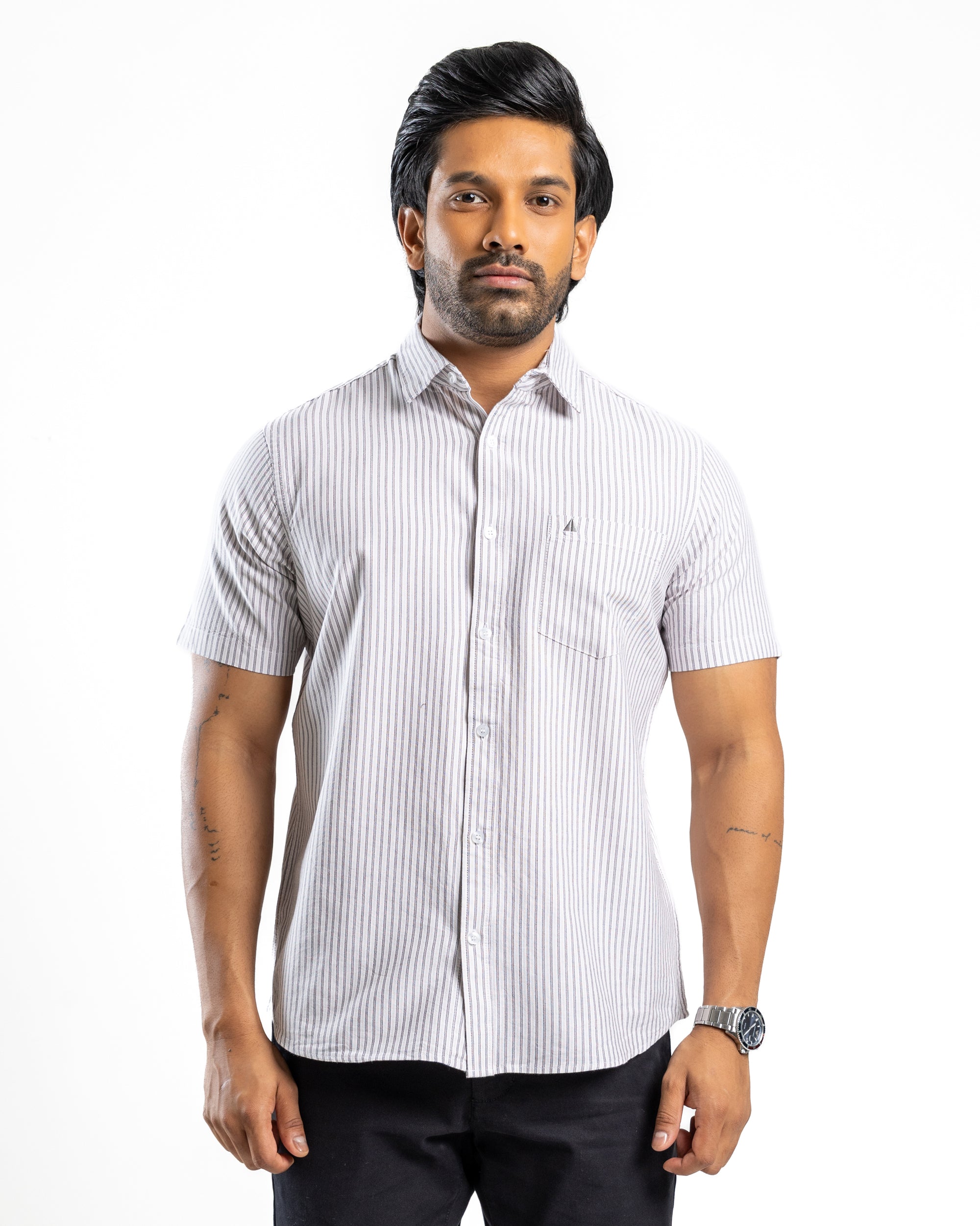 AnationZ Essential Cotton Stripe Short Sleeve Shirt - Warm Tobacco Sri Lanka