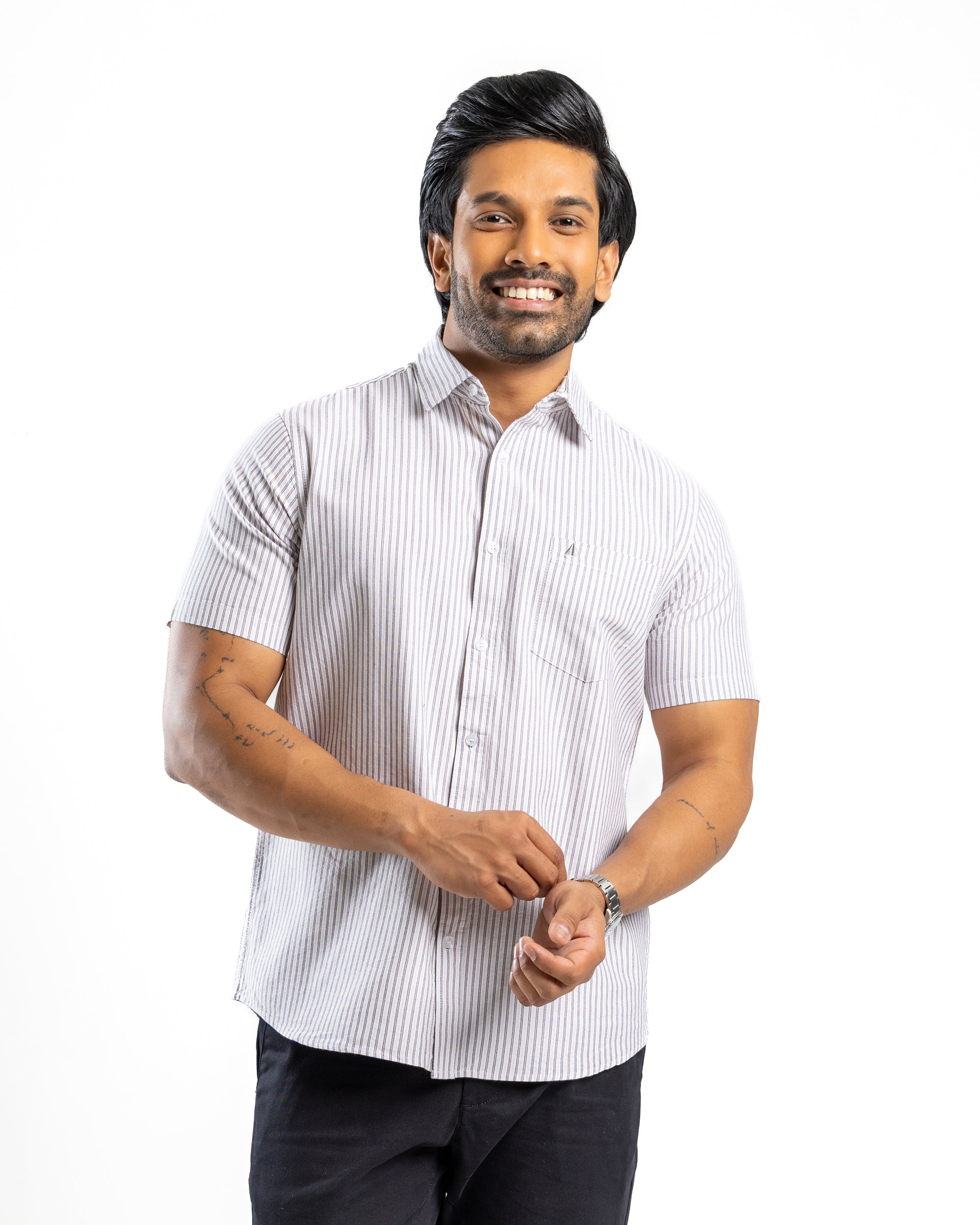 AnationZ Essential Cotton Stripe Short Sleeve Shirt - Warm Tobacco Sri Lanka