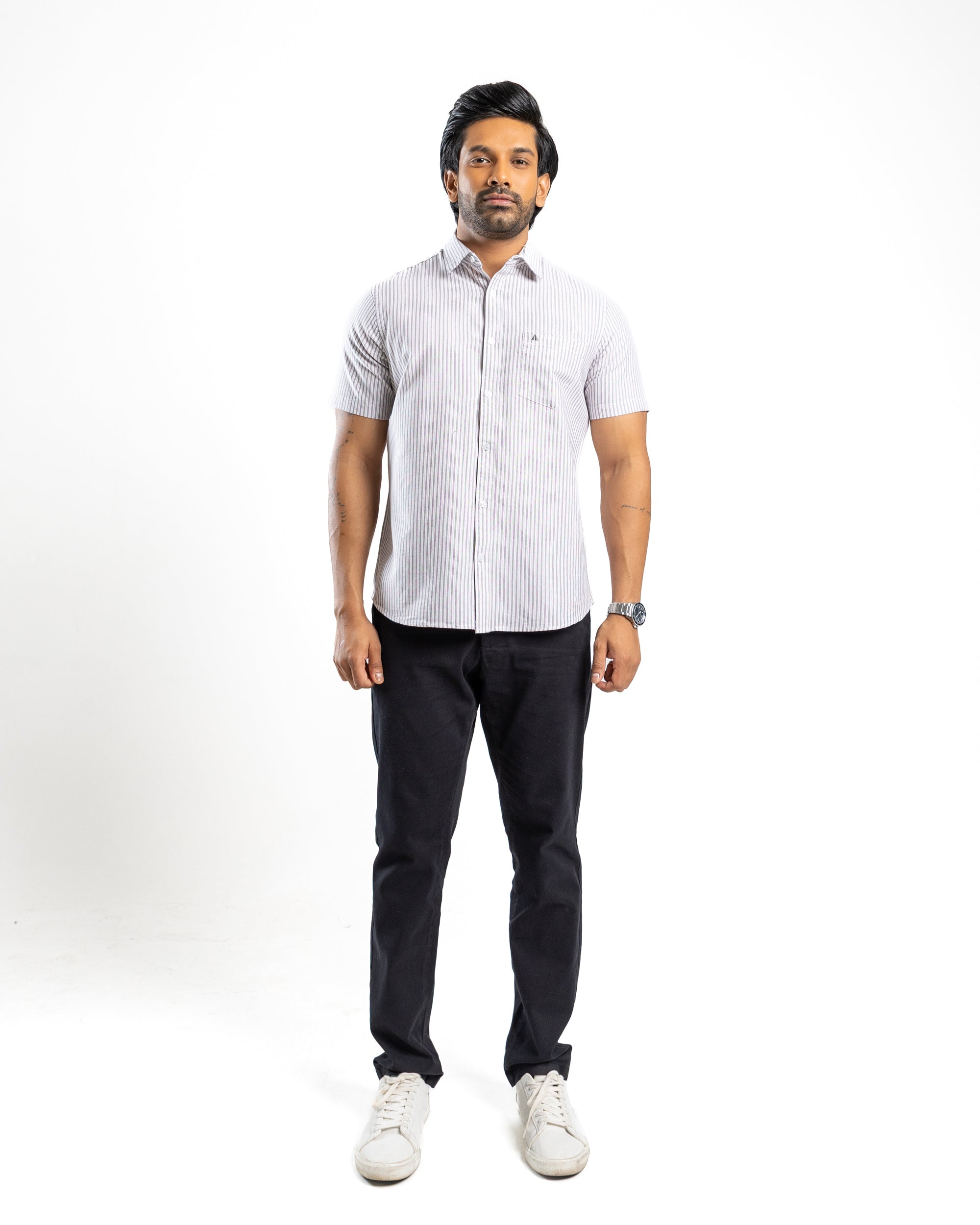 AnationZ Essential Cotton Stripe Short Sleeve Shirt - Warm Tobacco Sri Lanka