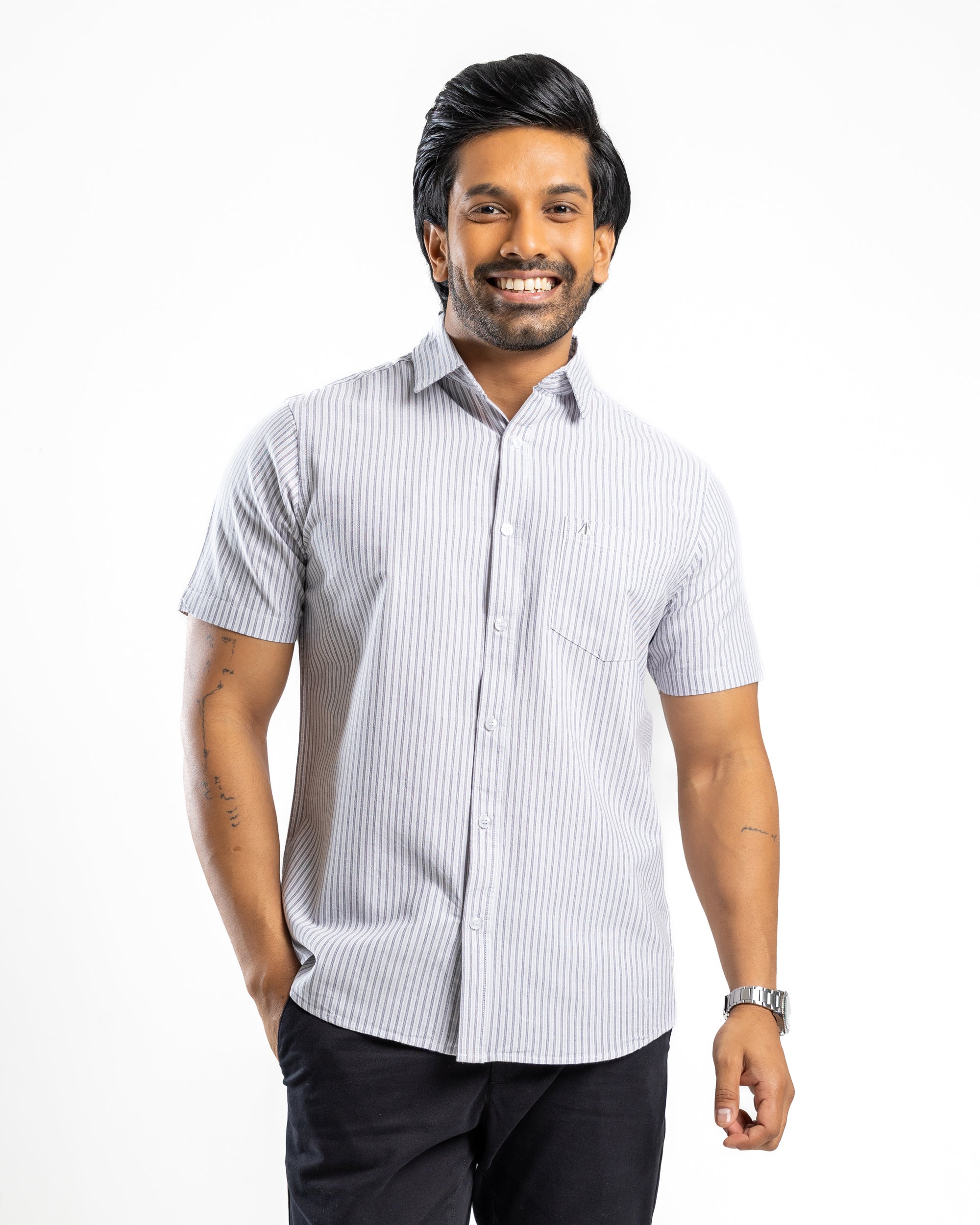 AnationZ Essential Cotton Stripe Short Sleeve Shirt - Storm Dust Sri Lanka
