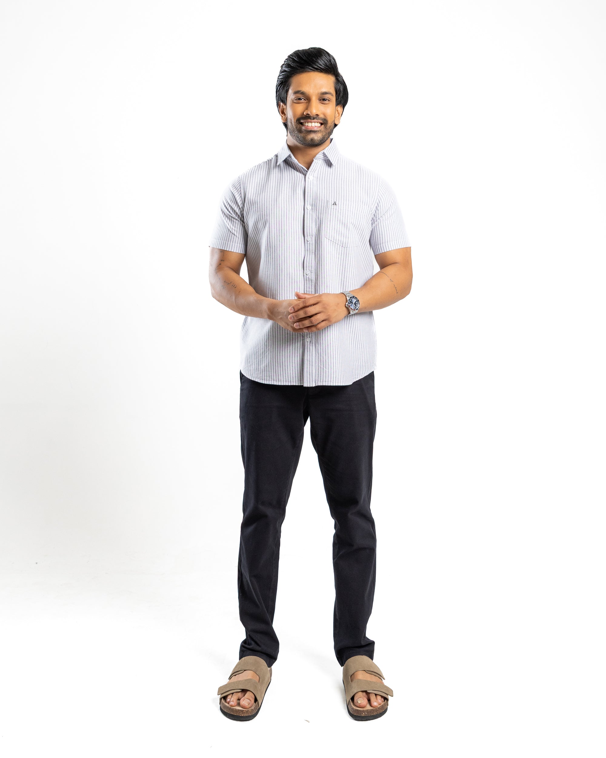 AnationZ Essential Cotton Stripe Short Sleeve Shirt - Storm Dust Sri Lanka