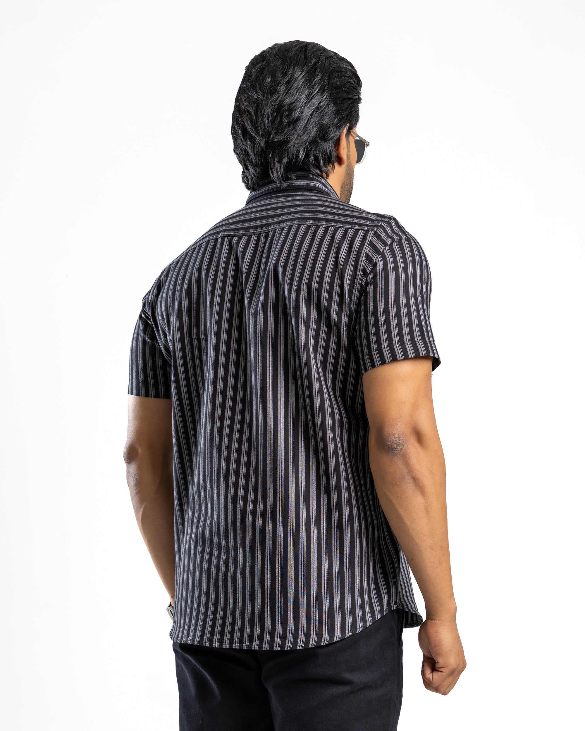 100% COTTON STRIPE Short Sleeve Shirt - Light Grey