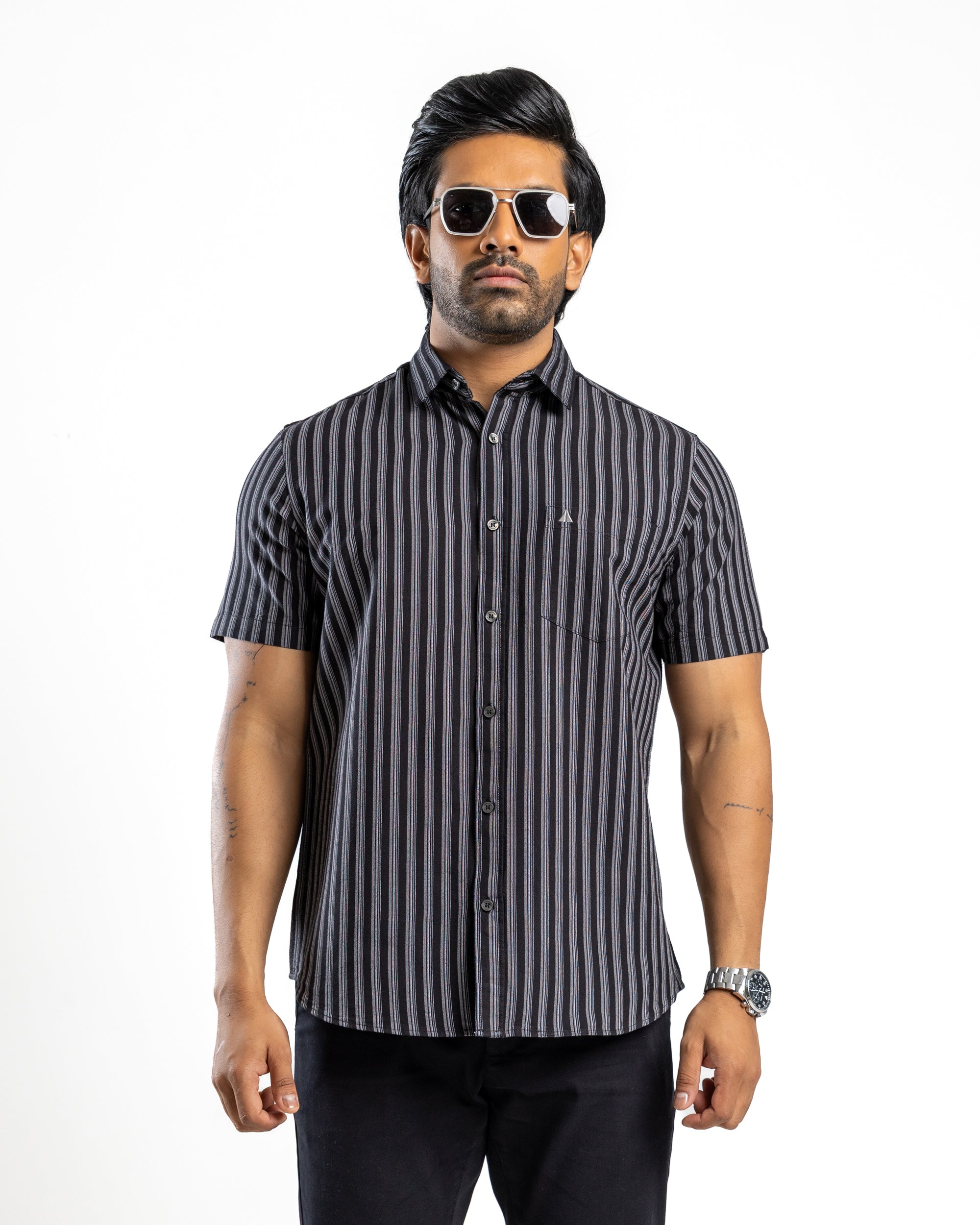 100% COTTON STRIPE Short Sleeve Shirt - Light Grey