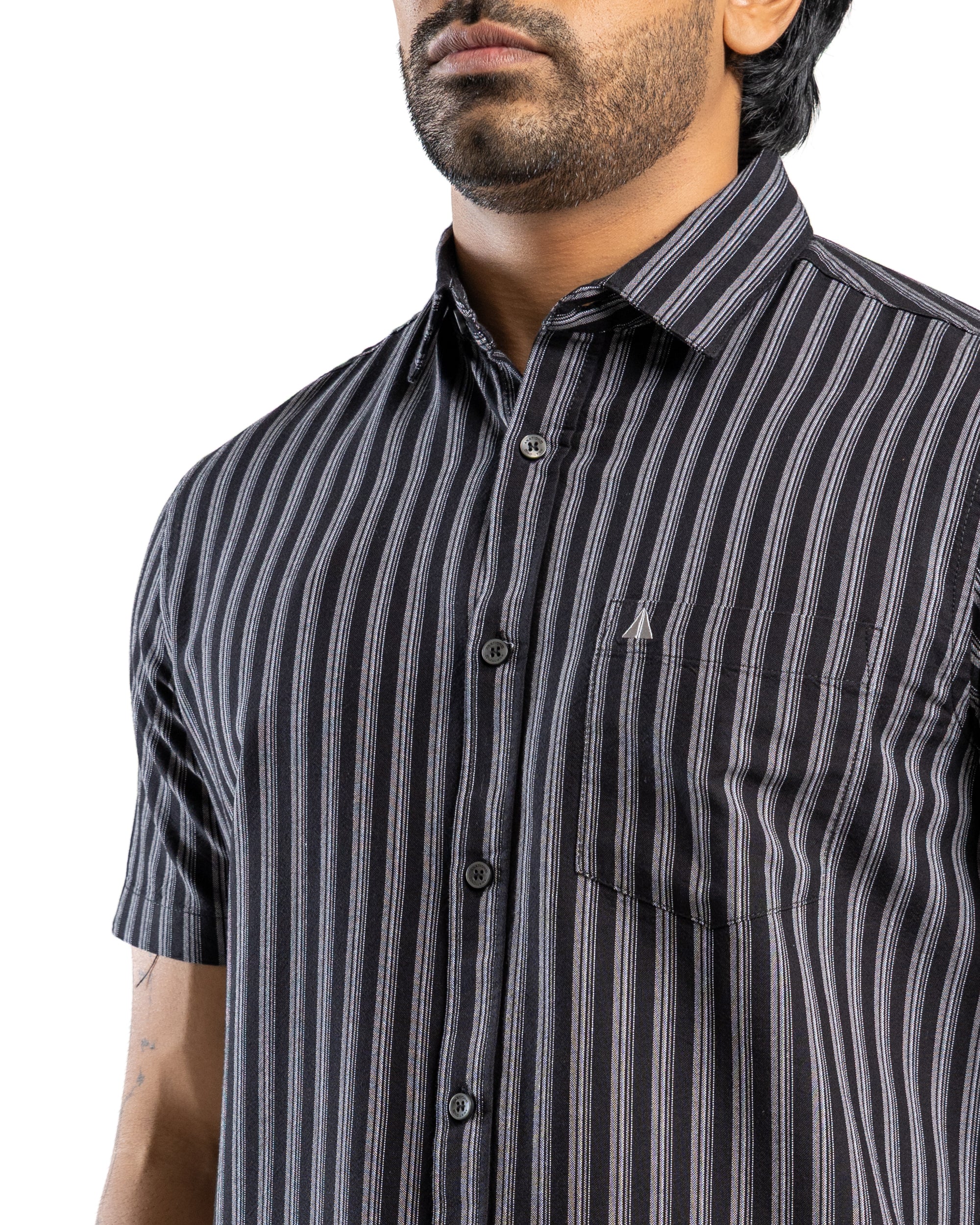 100% COTTON STRIPE Short Sleeve Shirt - Light Grey