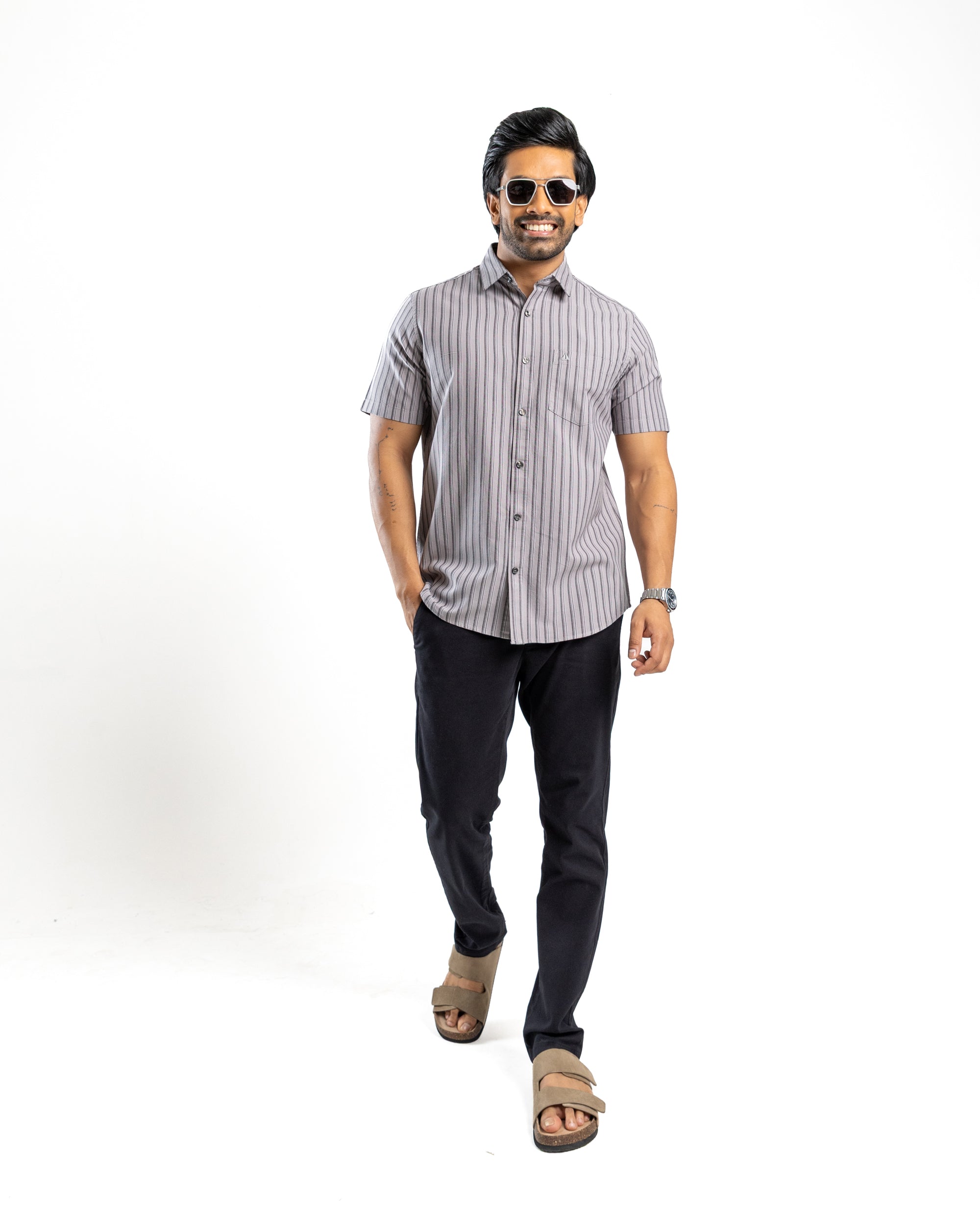 100% COTTON STRIPE Short Sleeve Shirt - Dark Grey