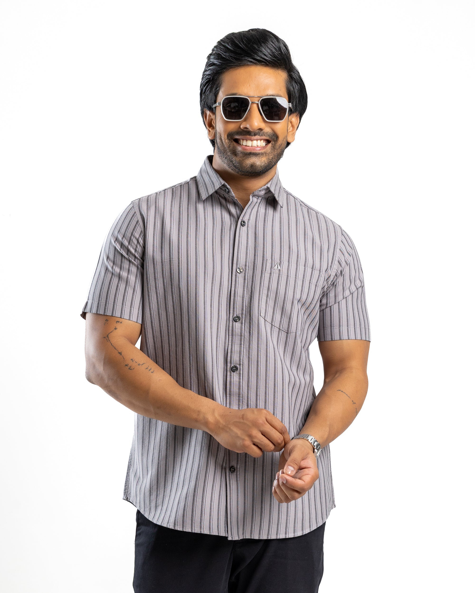 100% COTTON STRIPE Short Sleeve Shirt - Dark Grey