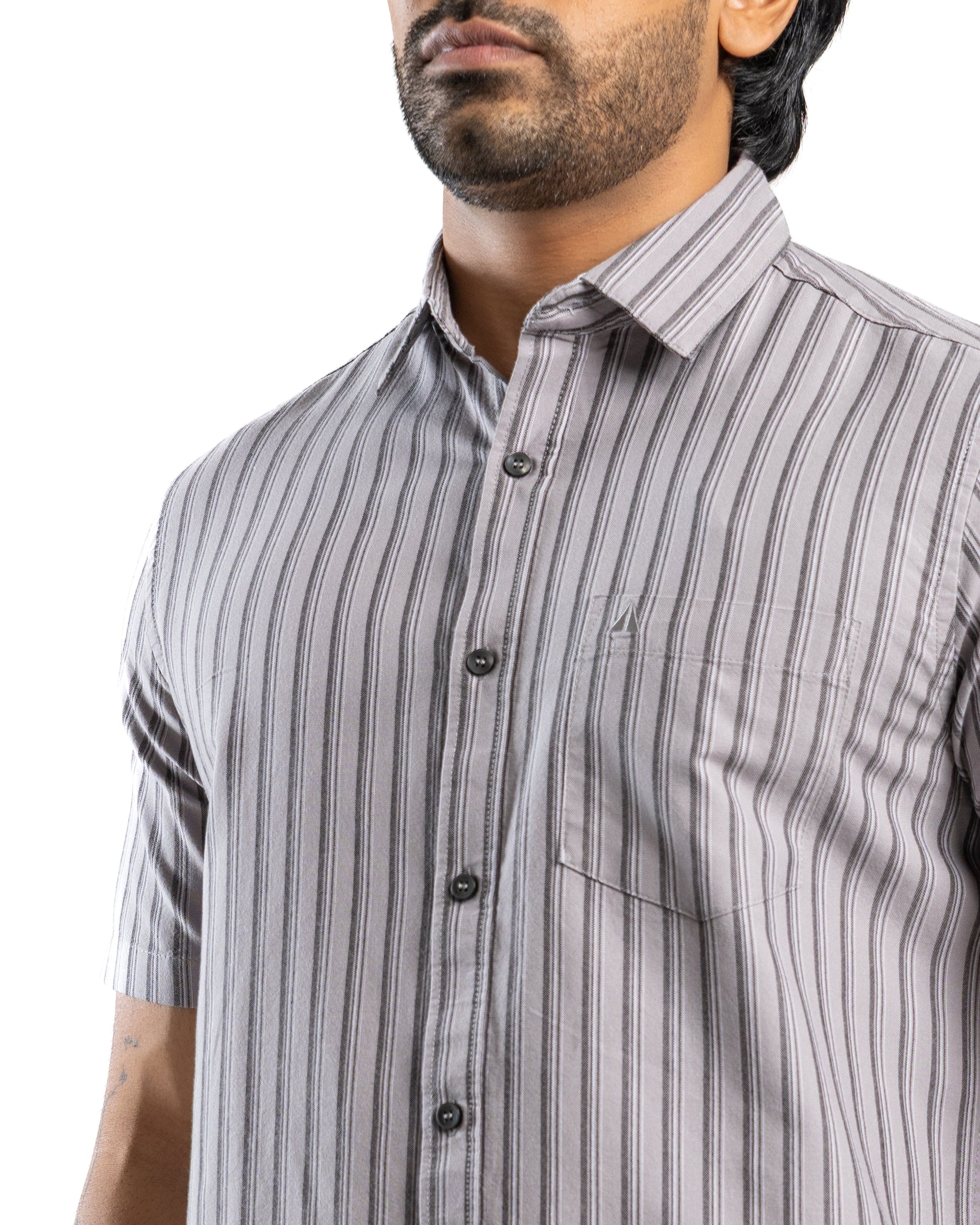 100% COTTON STRIPE Short Sleeve Shirt - Dark Grey