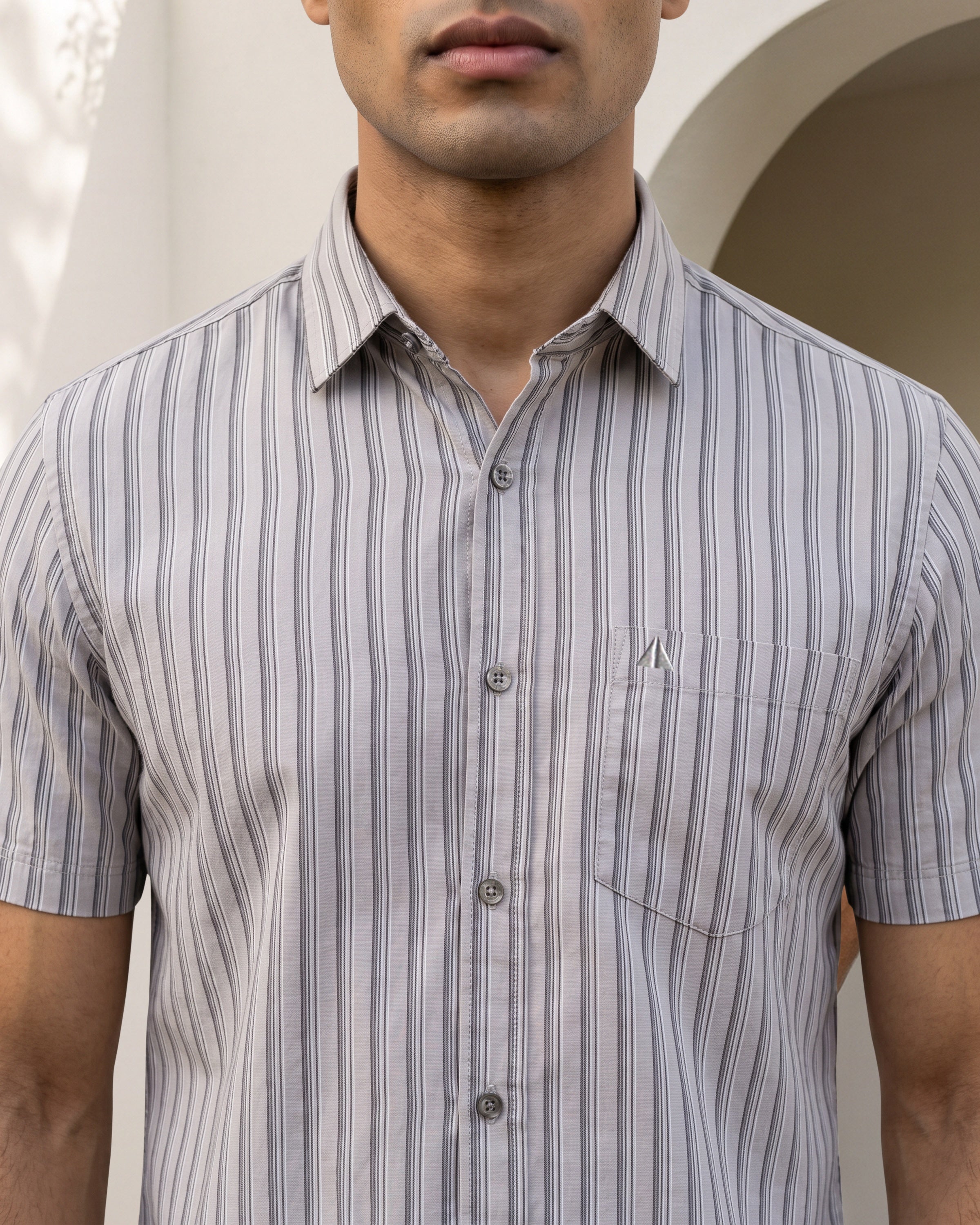 AnationZ Essential Cotton Stripe Short Sleeve Shirt - Graphite Sri Lanka
