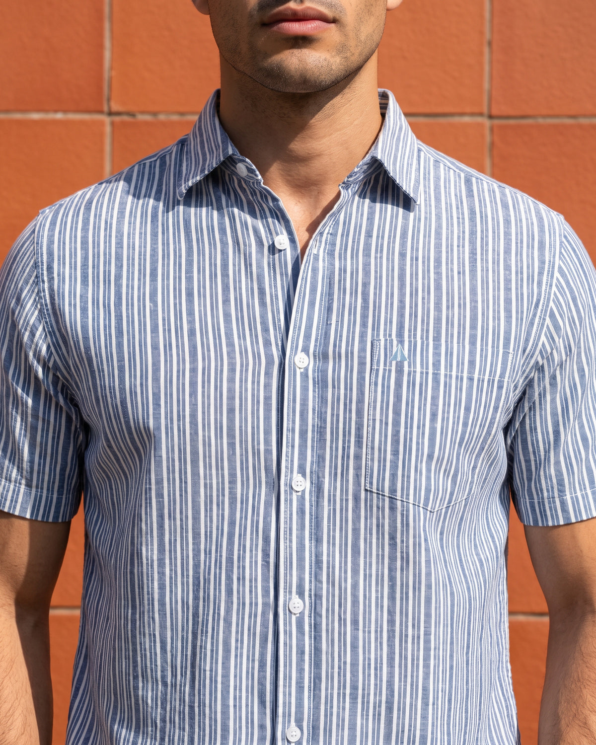 Heritage Linen Stripe Short Sleeve Shirt - Cobalt Shore