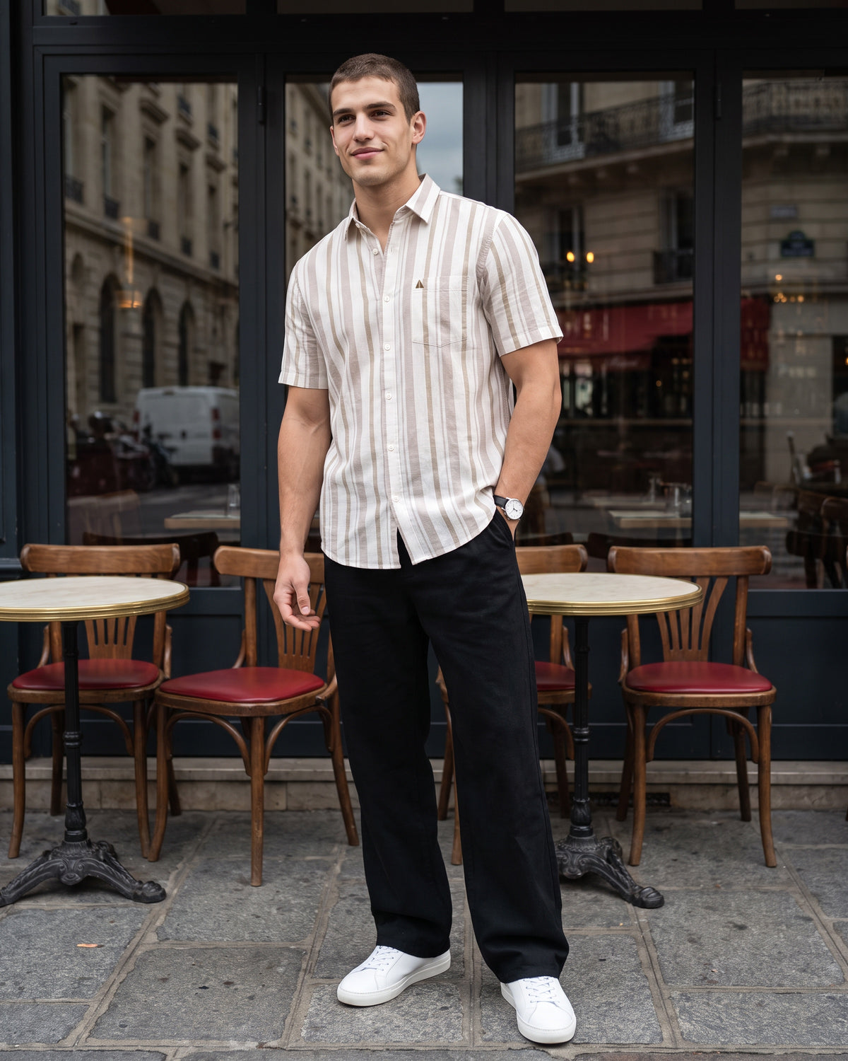Heritage Linen Stripe Short Sleeve Shirt - Light Brown