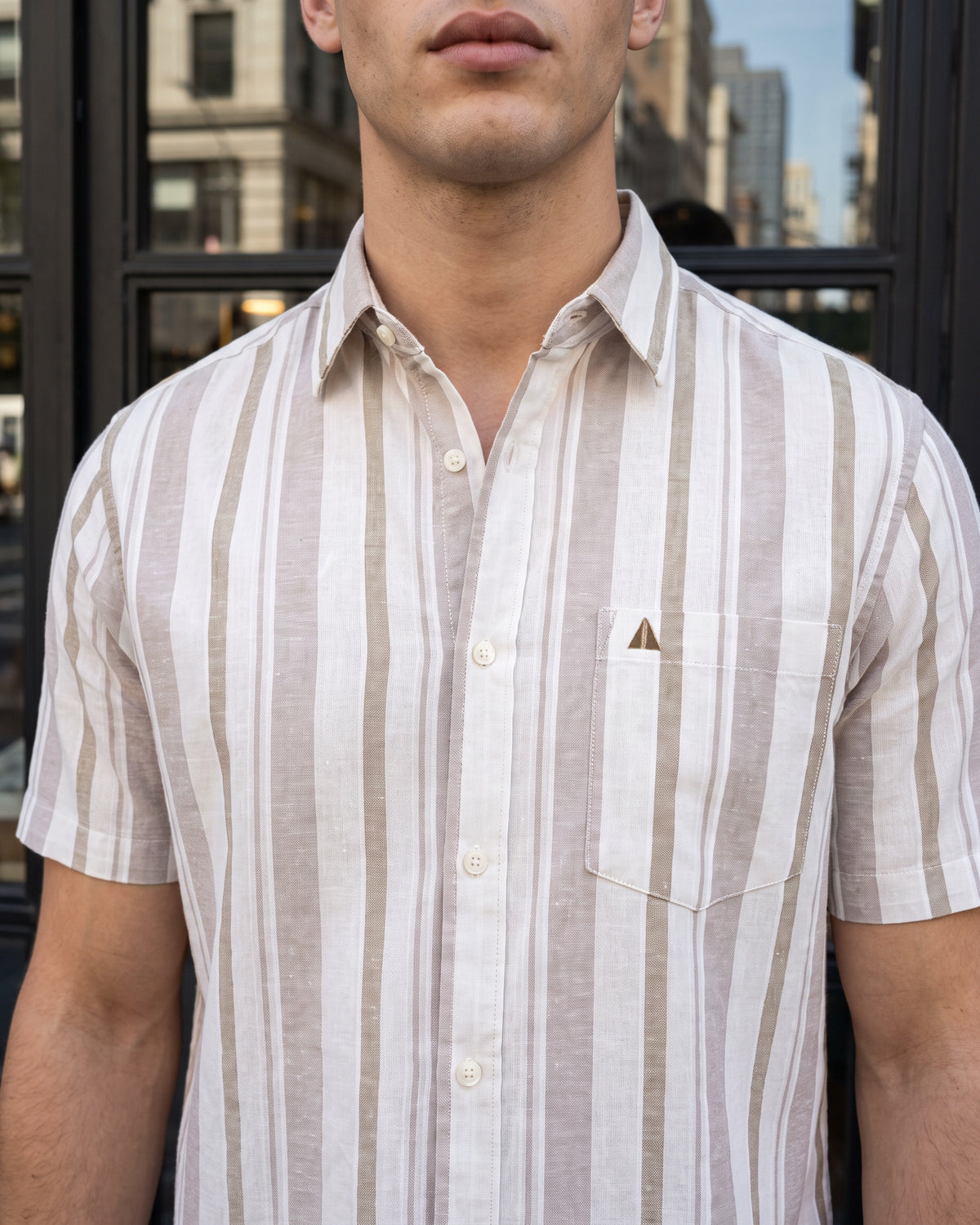 Heritage Linen Stripe Short Sleeve Shirt - Light Brown