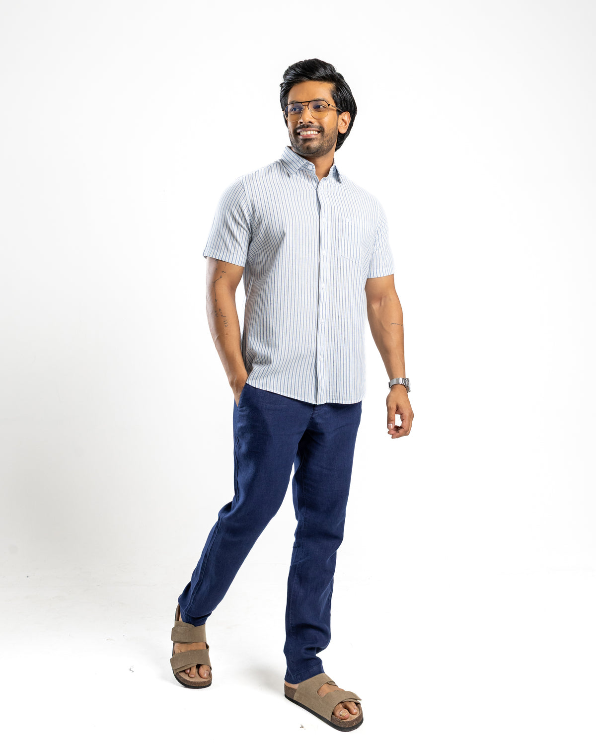 Heritage Linen Stripe Short Sleeve Shirt - Pearl Blue