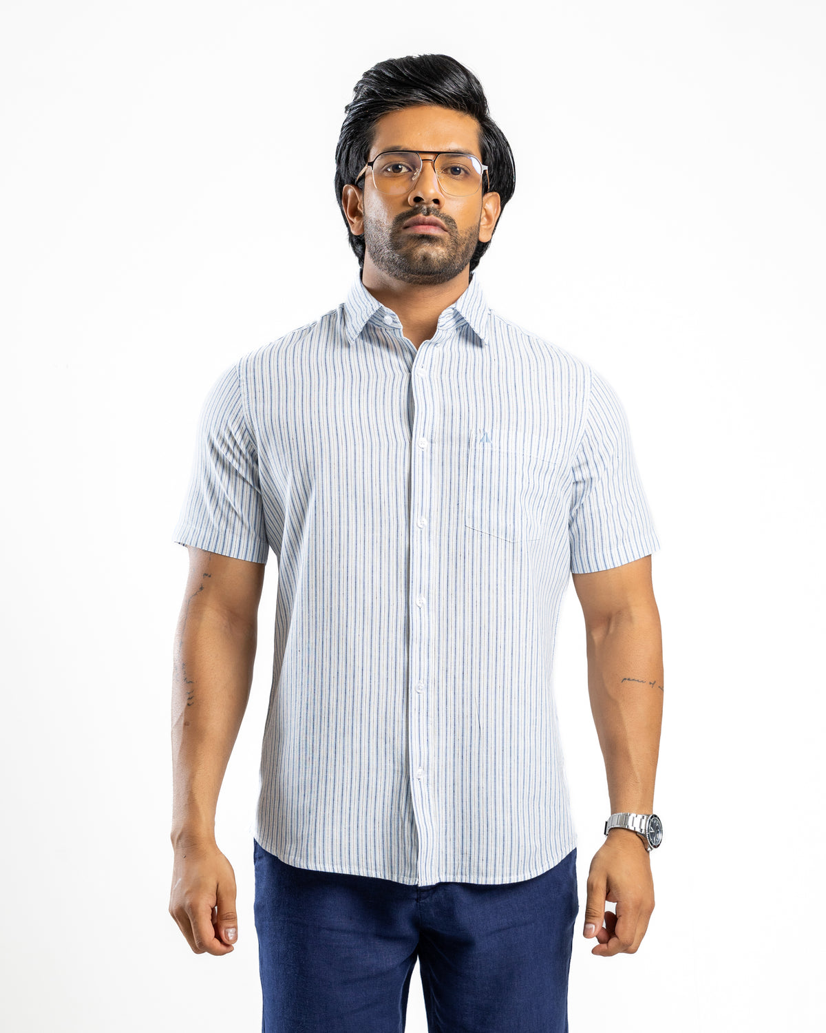 Heritage Linen Stripe Short Sleeve Shirt - Pearl Blue