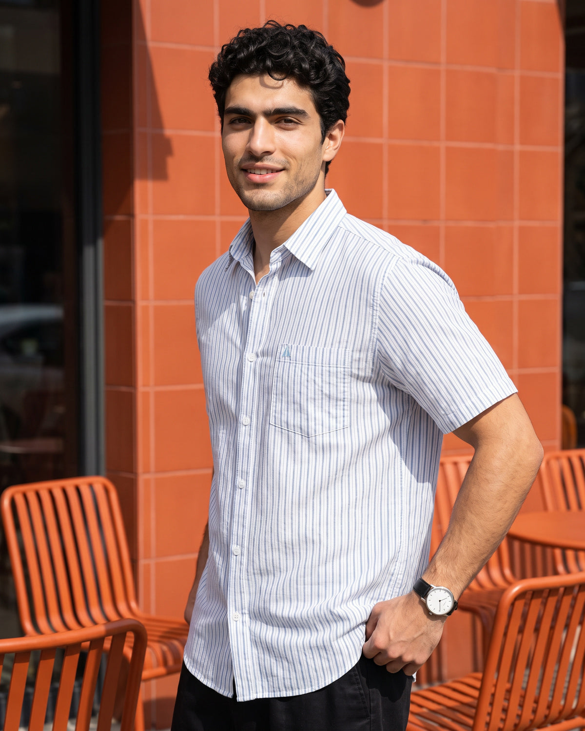 Heritage Linen Stripe Short Sleeve Shirt - Pearl Blue