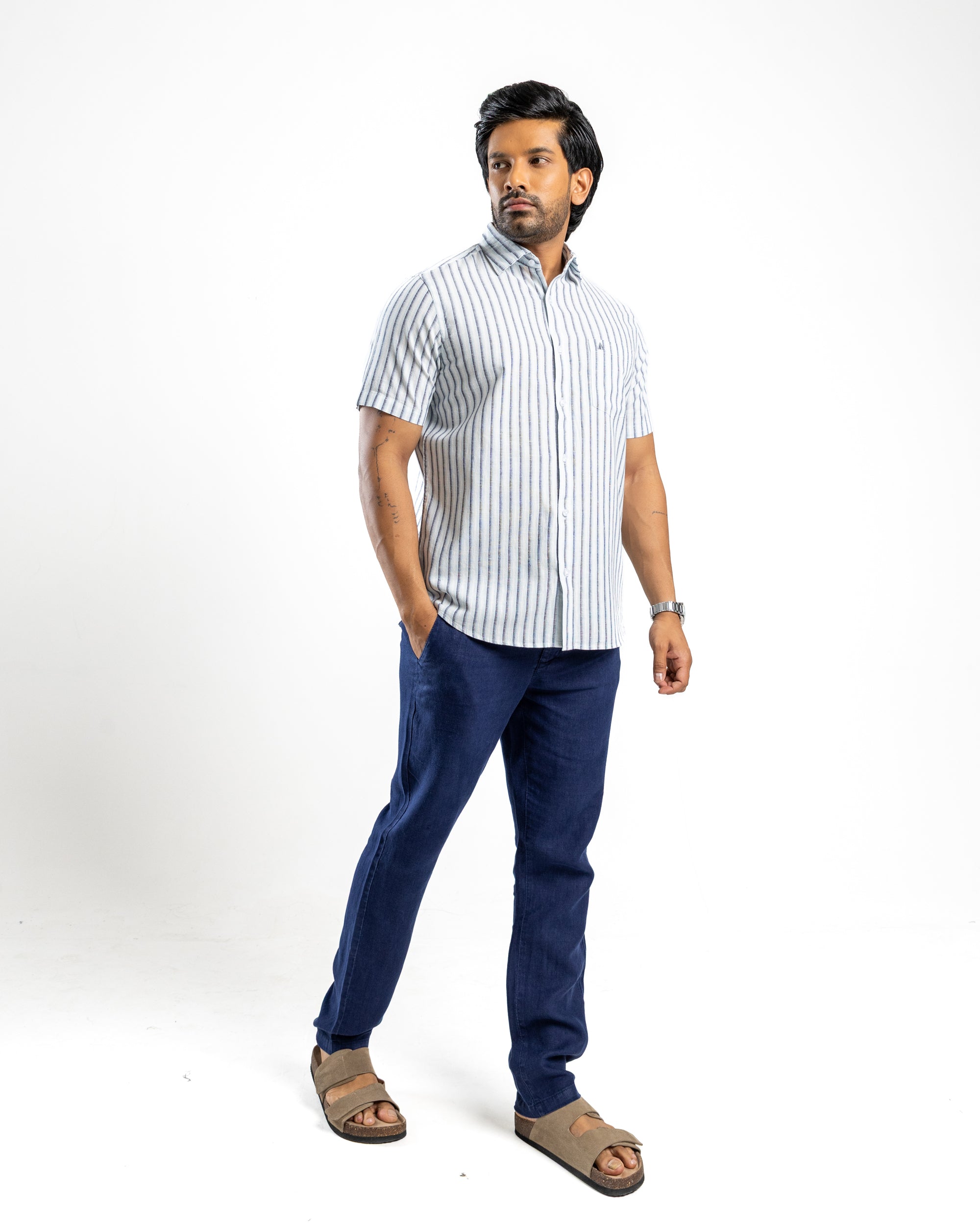 Linen Cotton Blend Stripe Short Sleeve Shirt | Clean White