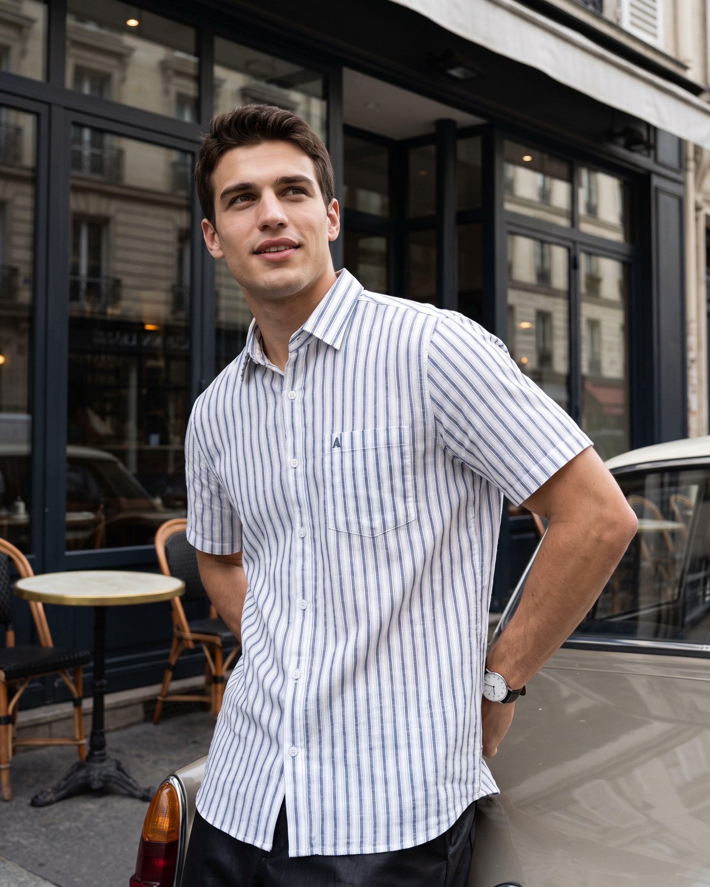 Linen Cotton Blend Stripe Short Sleeve Shirt | Clean White