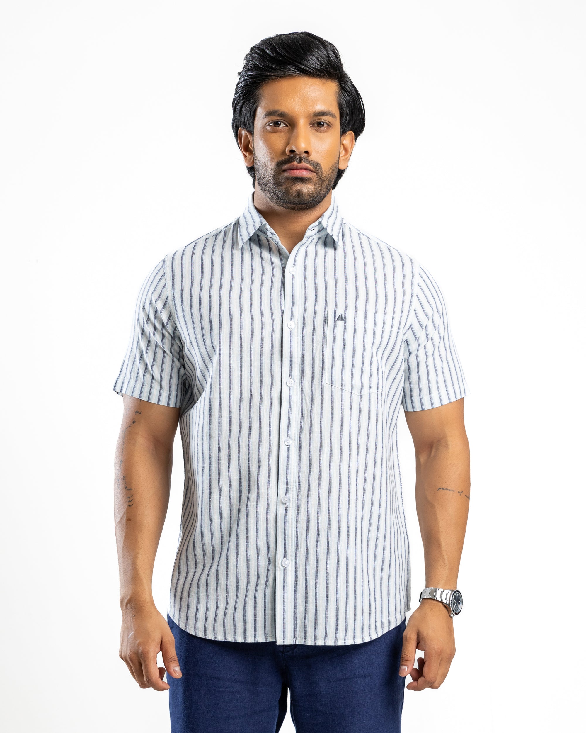 Linen Cotton Blend Stripe Short Sleeve Shirt | Clean White
