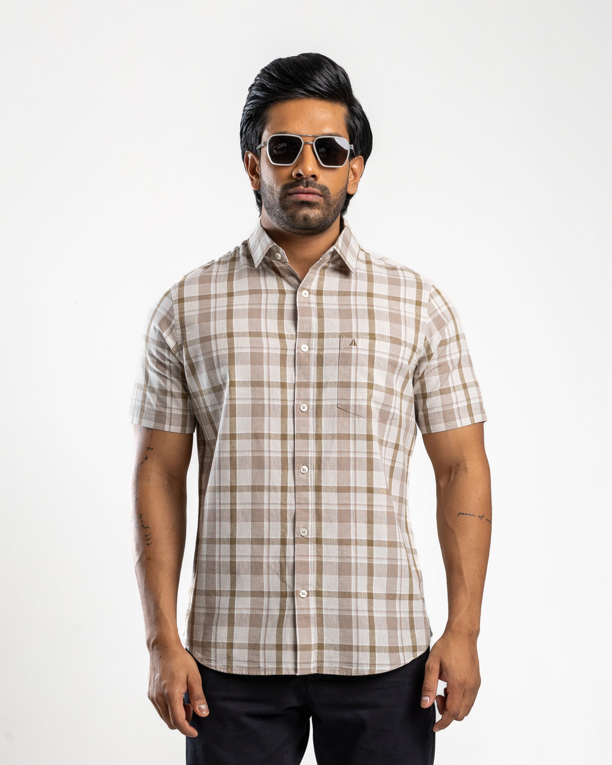 AnationZ Heritage Linen Check Short Sleeve Shirt - Espresso Sri Lanka