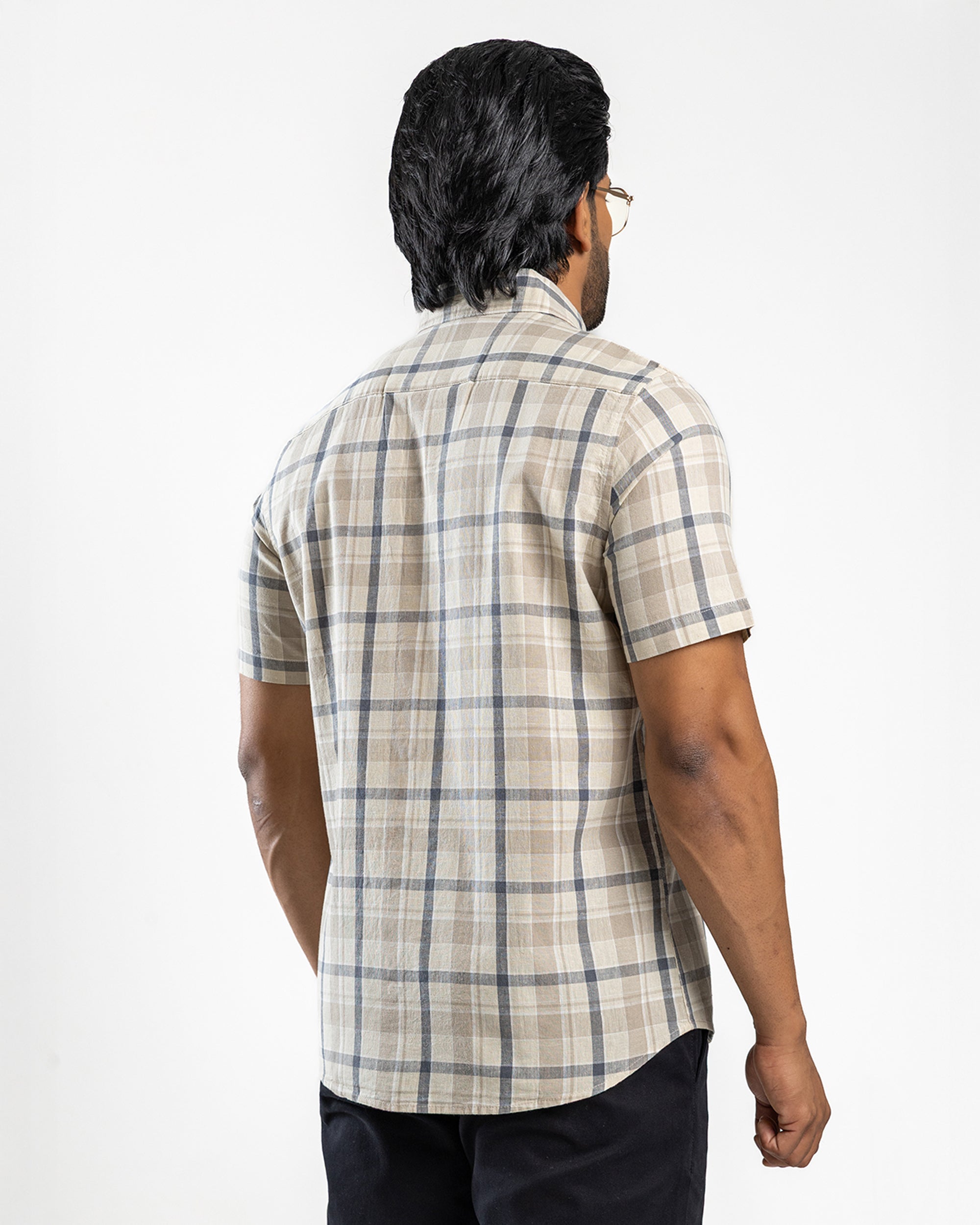 LINEN COTTON CHECK Short Sleeve Shirt - Light Brown