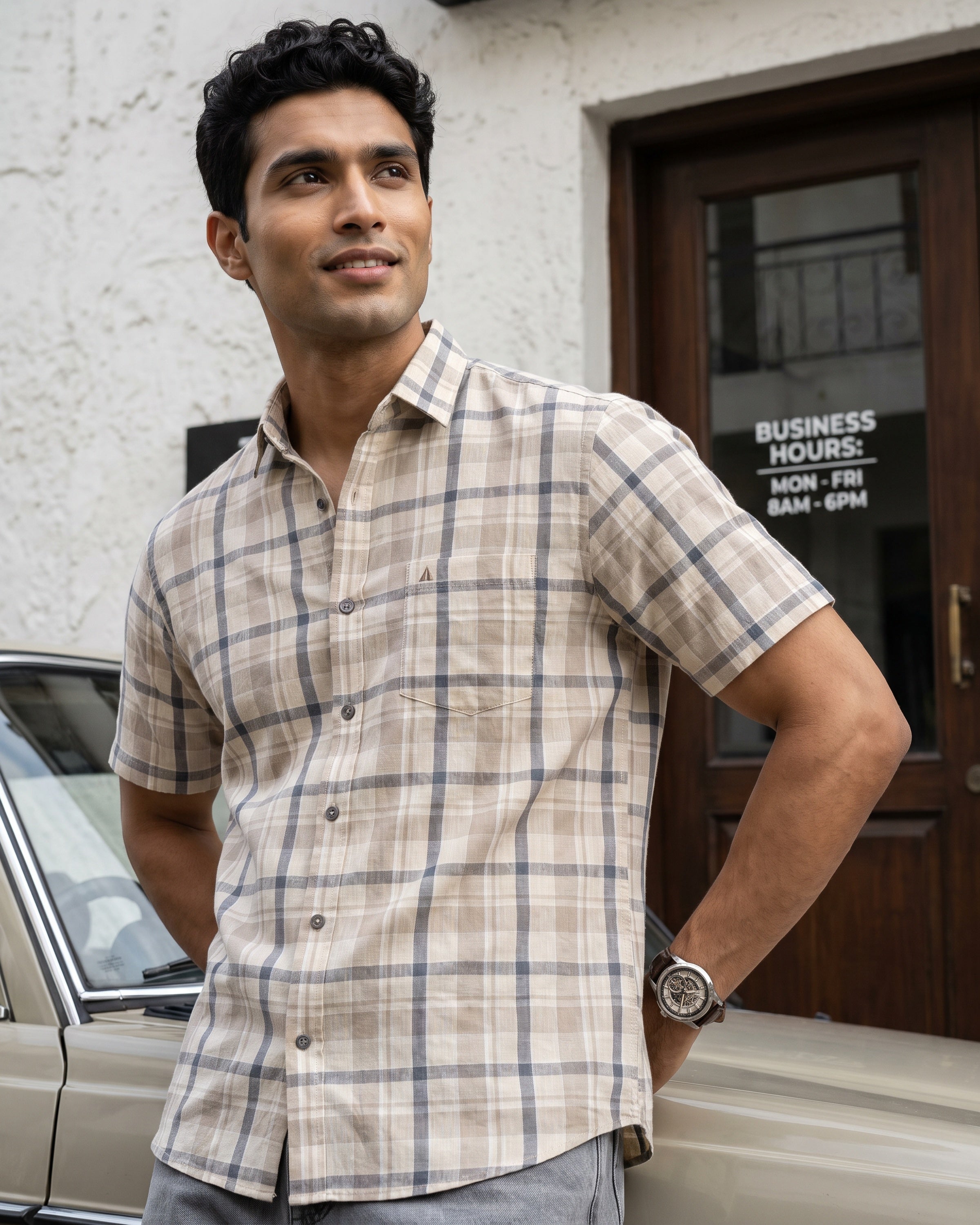 Linen Cotton Blend Check Short Sleeve Shirt | Warm Tobacco