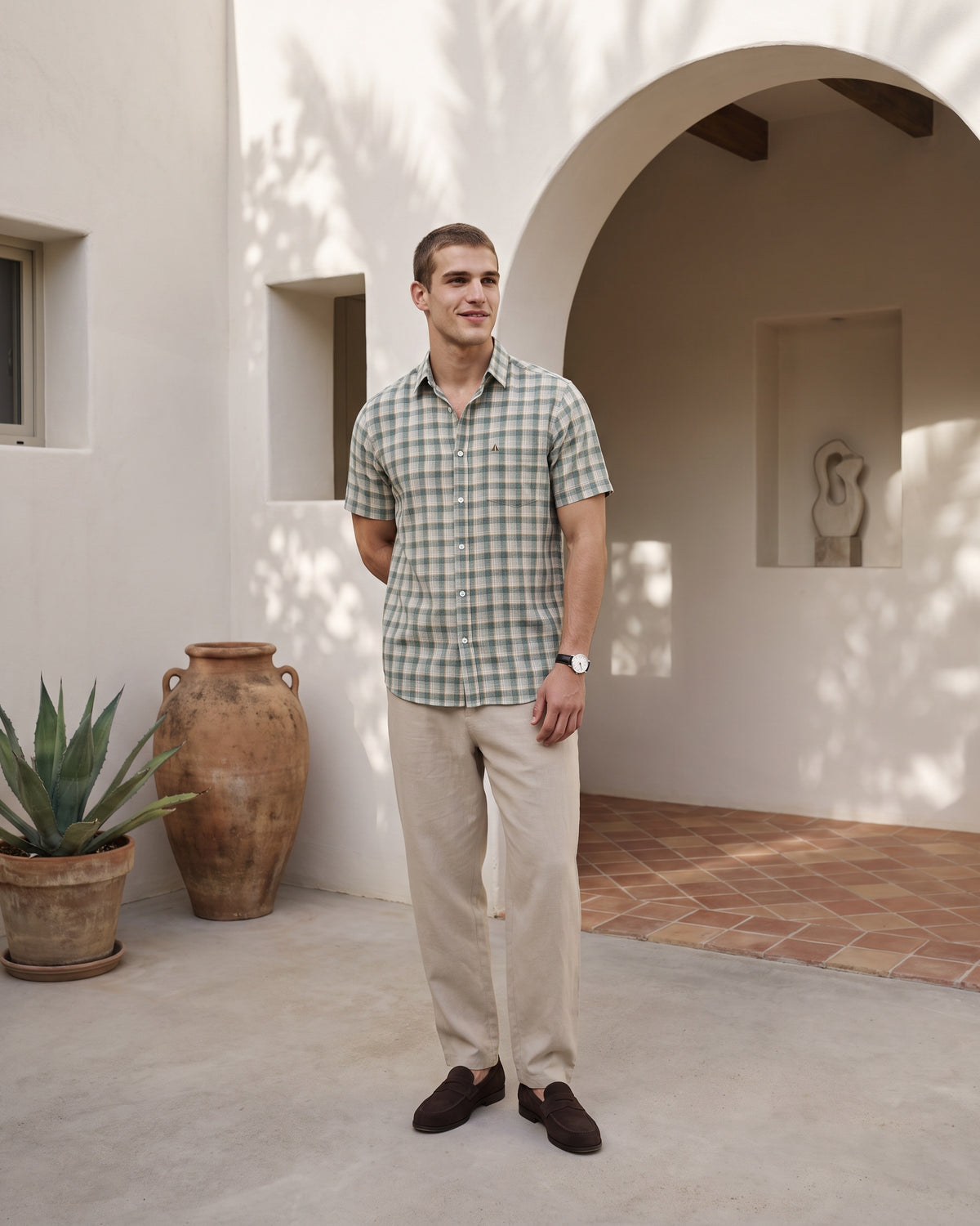 AnationZ Heritage Linen Check Short Sleeve Shirt - Olive Ground Sri Lanka