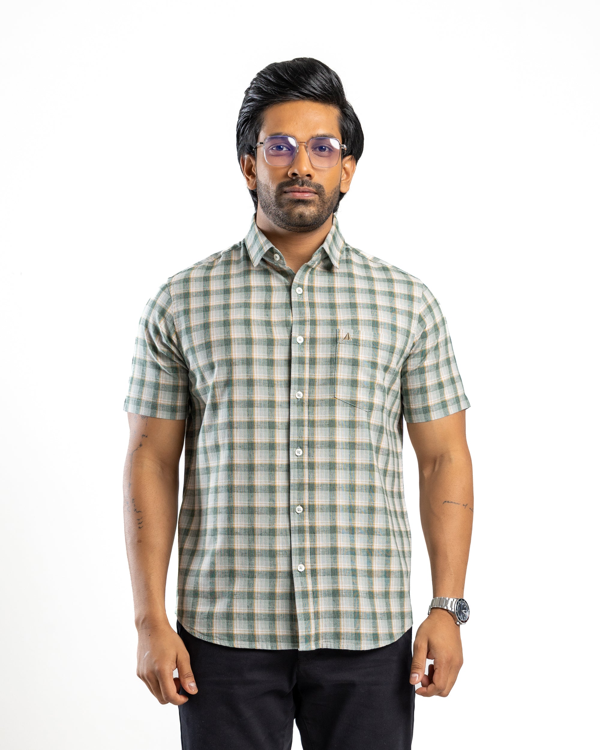LINEN COTTON CHECK Short Sleeve Shirt - Olive