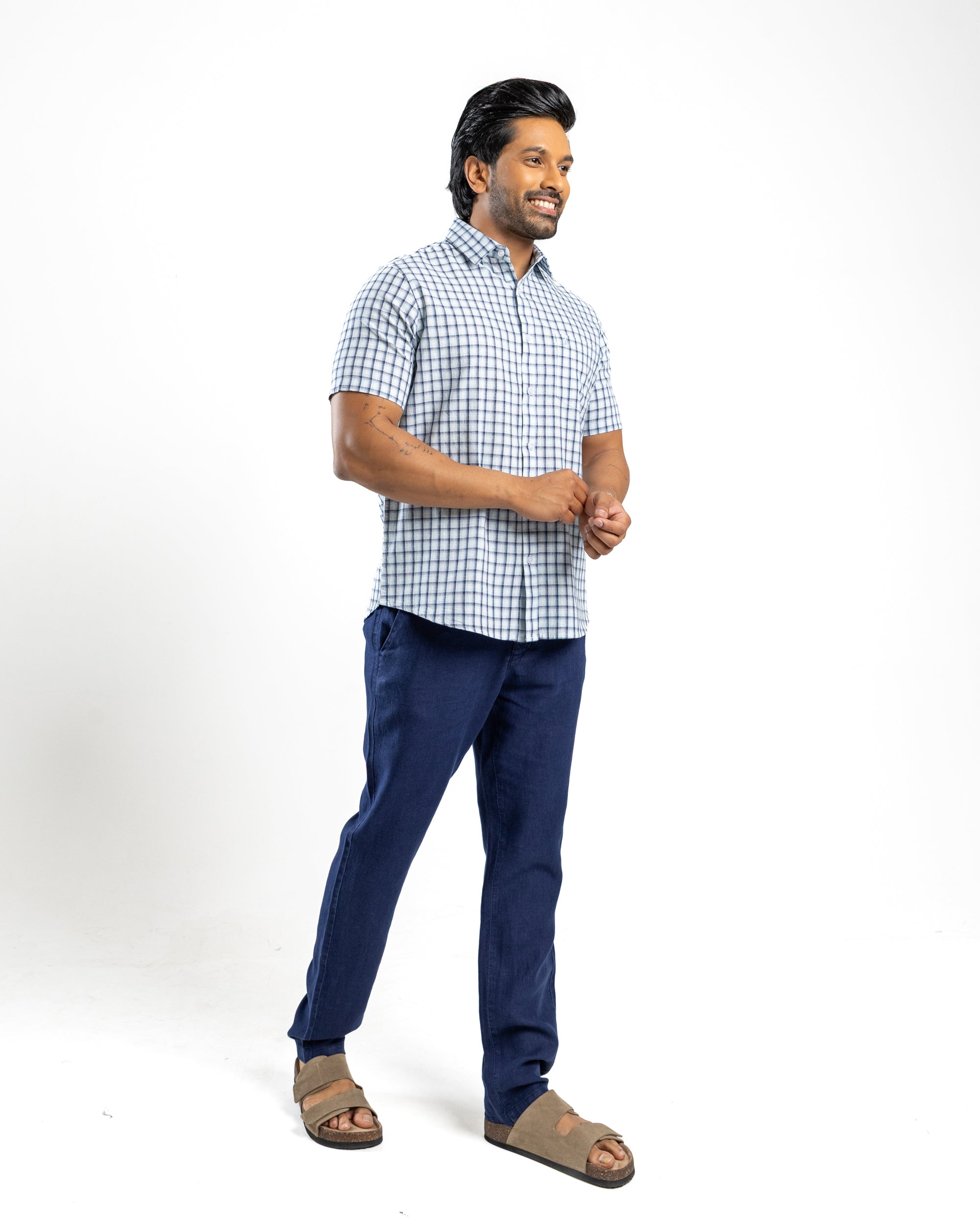 AnationZ Heritage Linen Check Short Sleeve Shirt - Glacial Blue Sri Lanka
