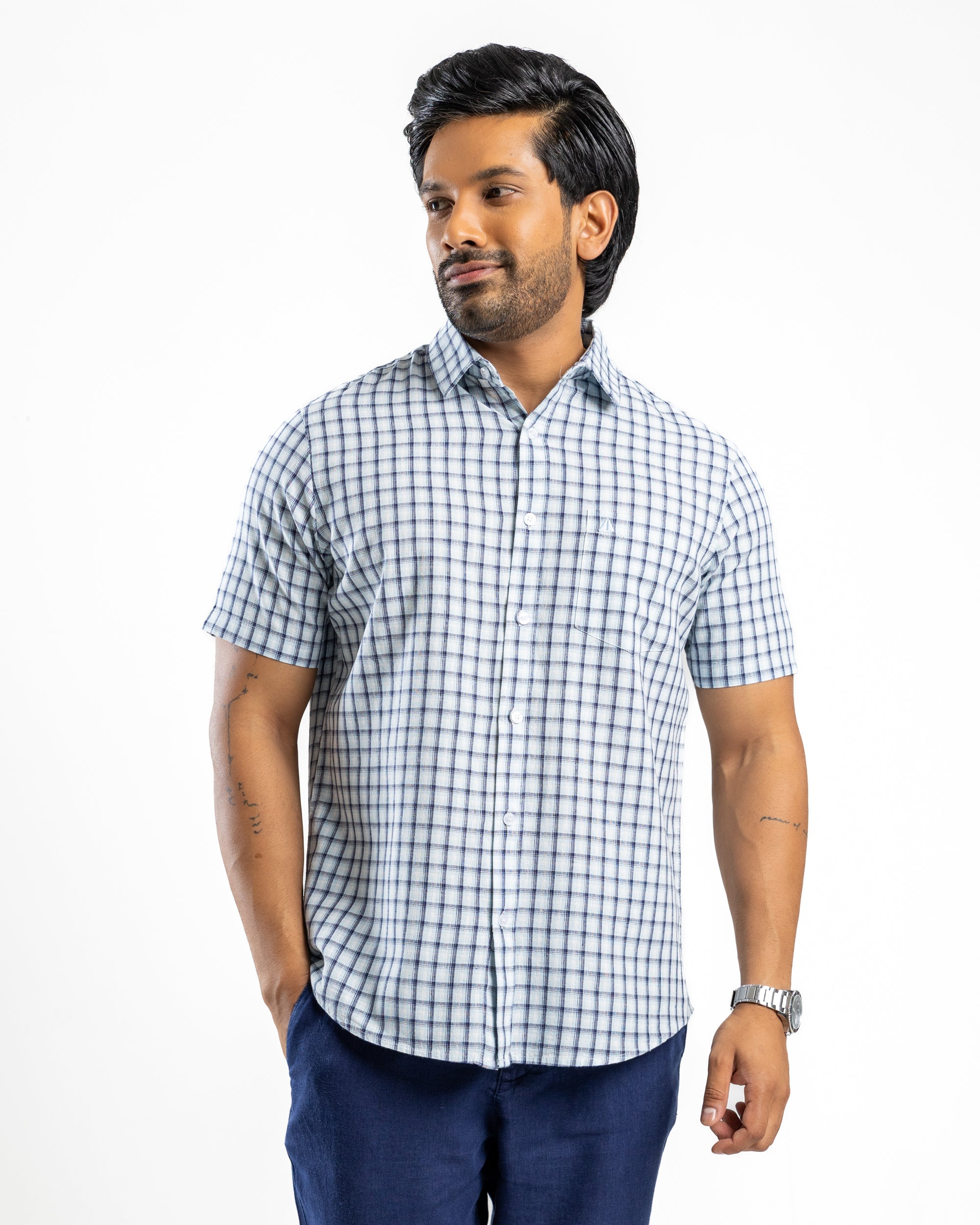 LINEN COTTON CHECK Short Sleeve Shirt - Light Blue