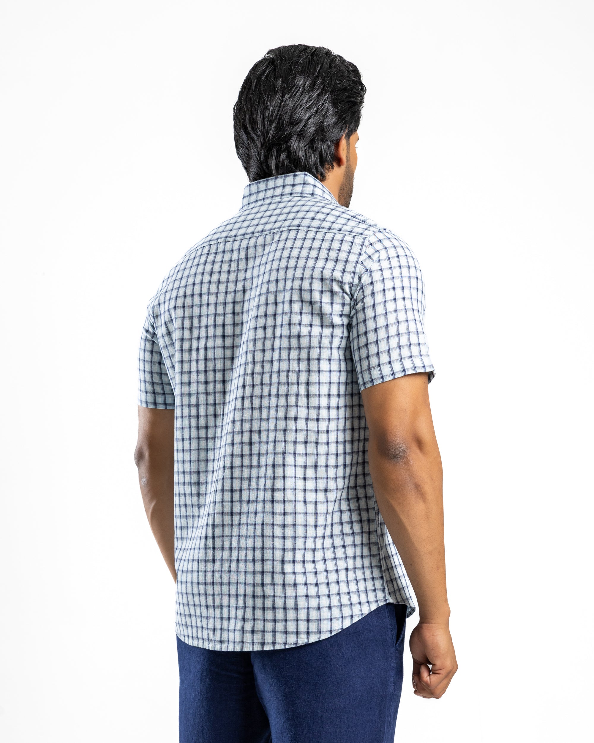 LINEN COTTON CHECK Short Sleeve Shirt - Light Blue