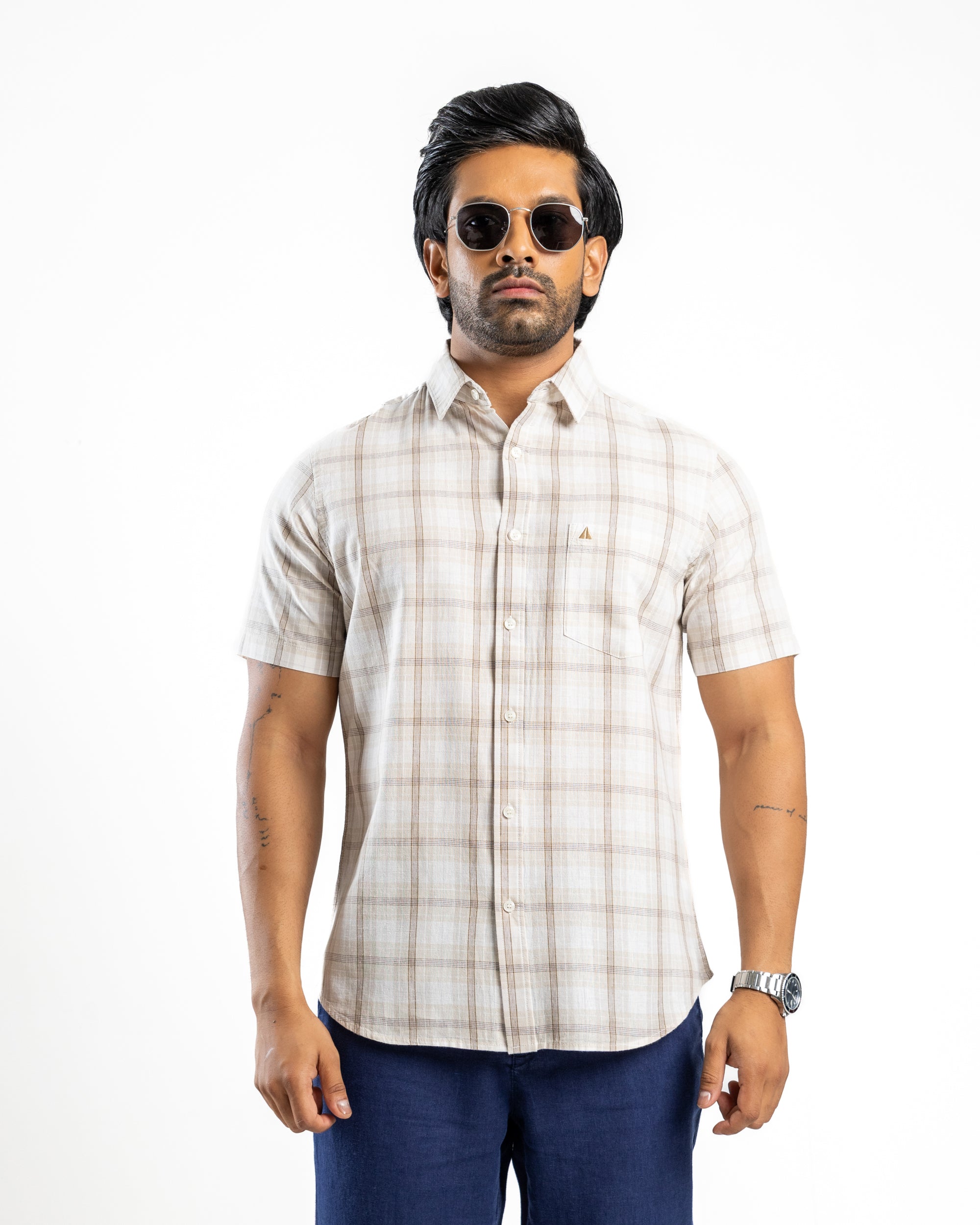 AnationZ Heritage Linen Check Short Sleeve Shirt - Raw Canvas Sri Lanka
