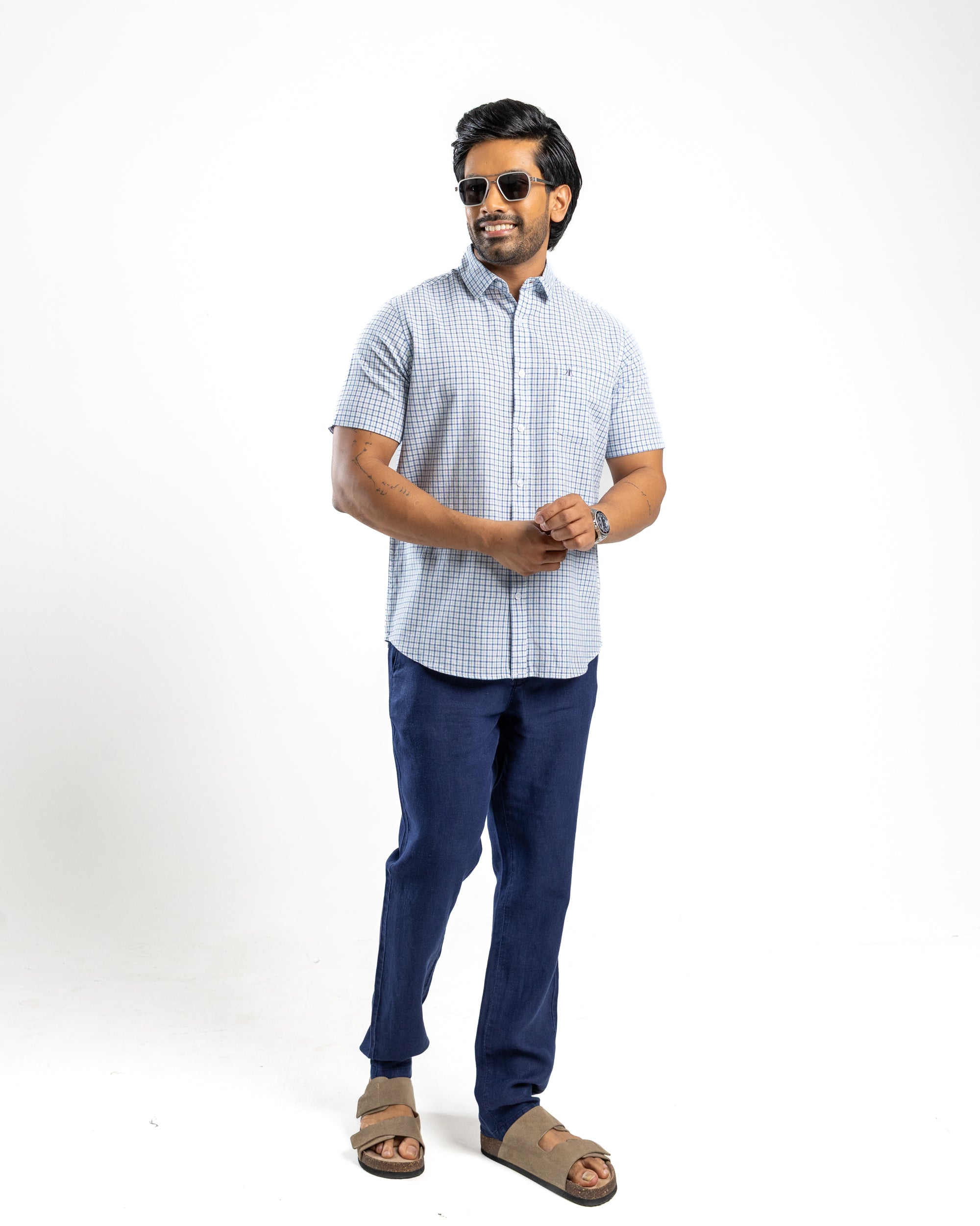 LINEN COTTON CHECK Short Sleeve- Atlantic Blue