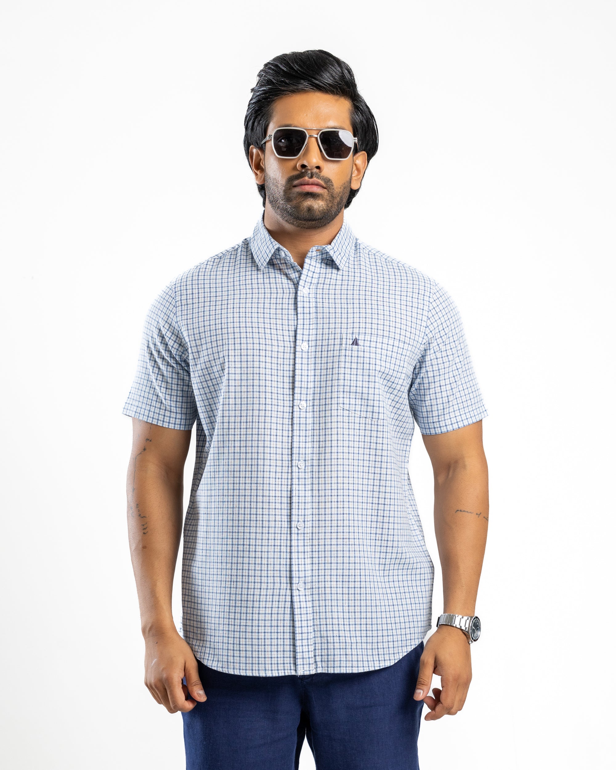 LINEN COTTON CHECK Short Sleeve- Atlantic Blue