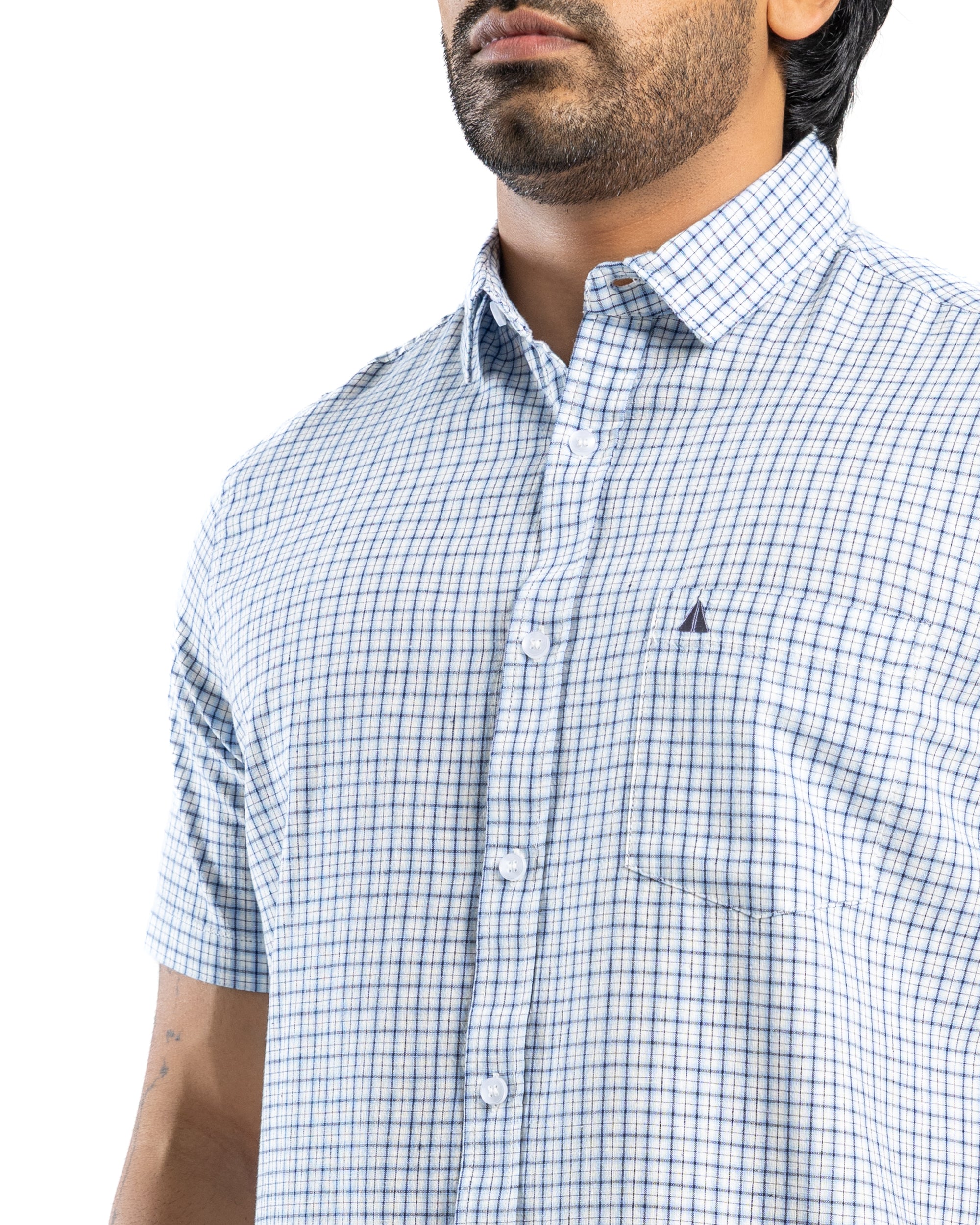 LINEN COTTON CHECK Short Sleeve- Atlantic Blue