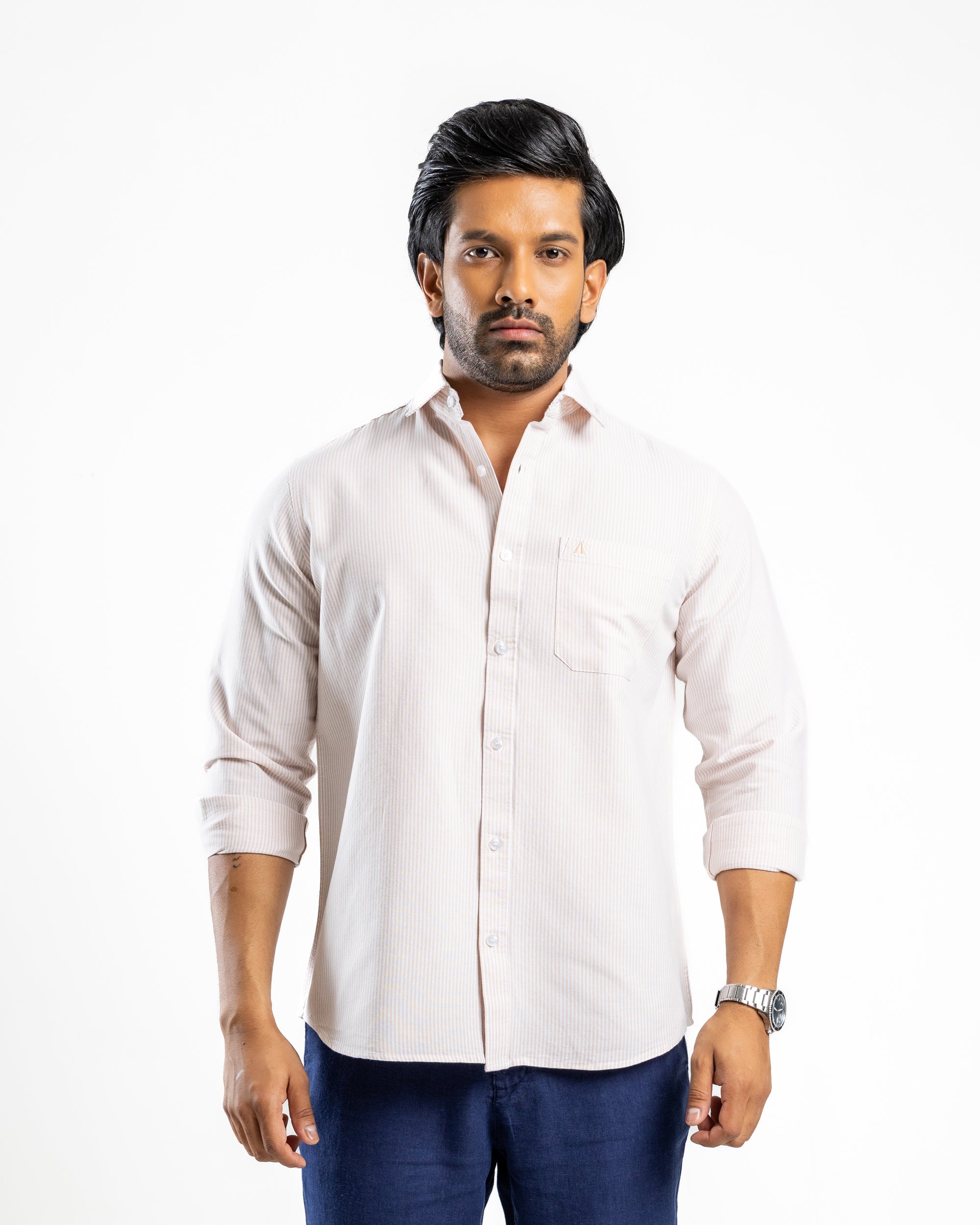 AnationZ Essential Cotton Stripe Long Sleeve Shirt - Terracotta Flame Sri Lanka