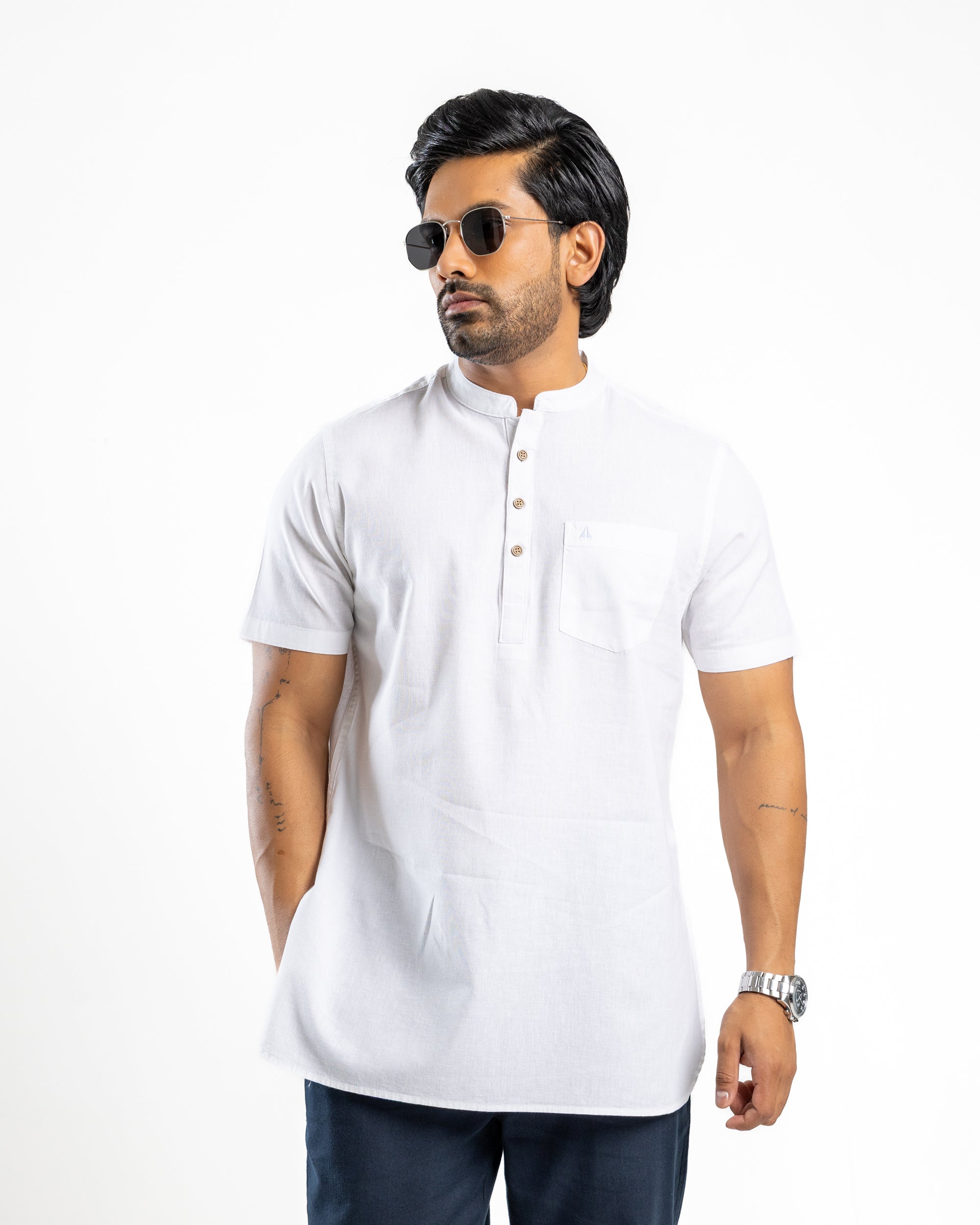 KURTHA - WHITE Short Sleeve Chinese Collar Shirt - Alpine White