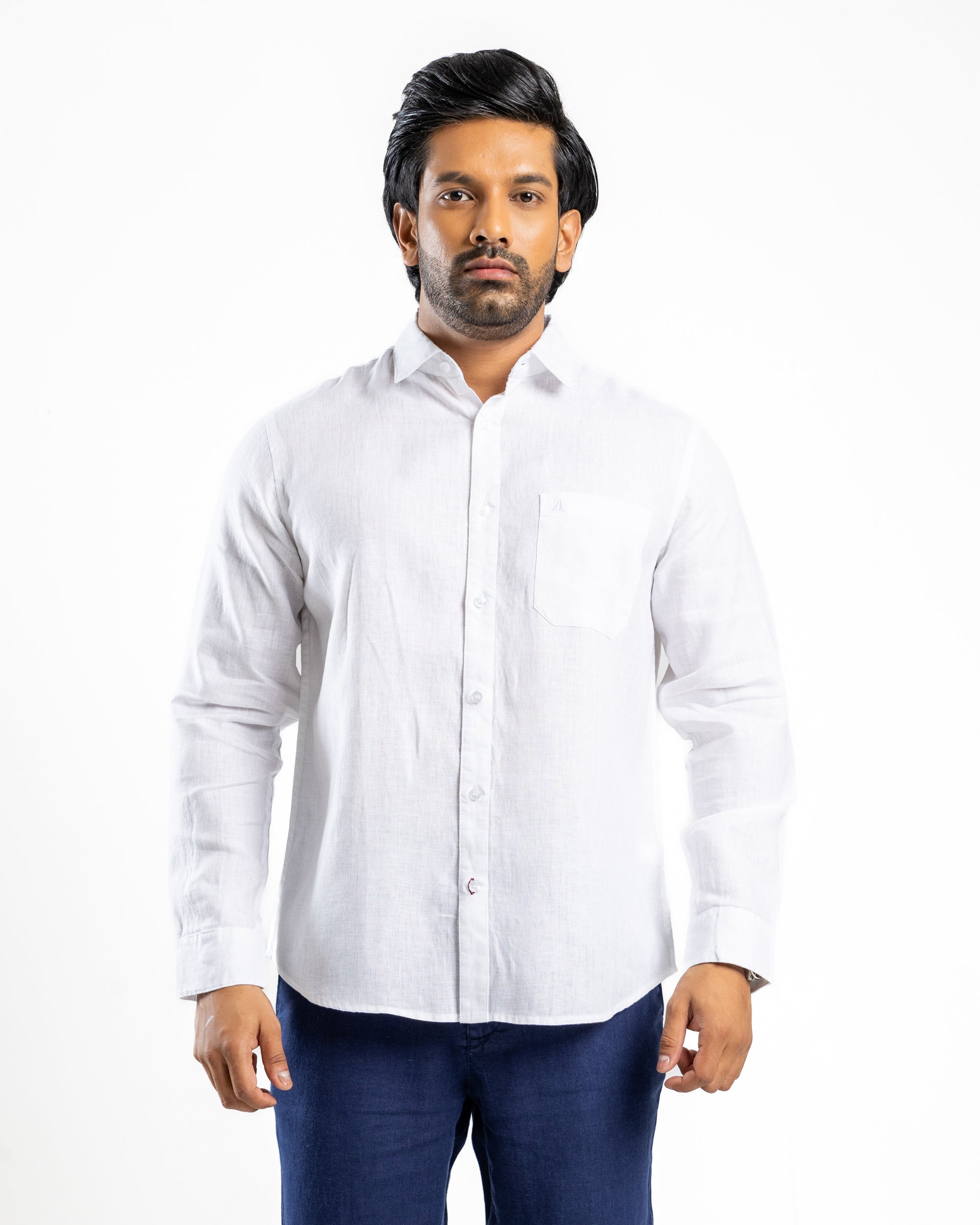 LINEN Long Sleeve Shirt Curve Hem Single Pocket Pure Alpine White